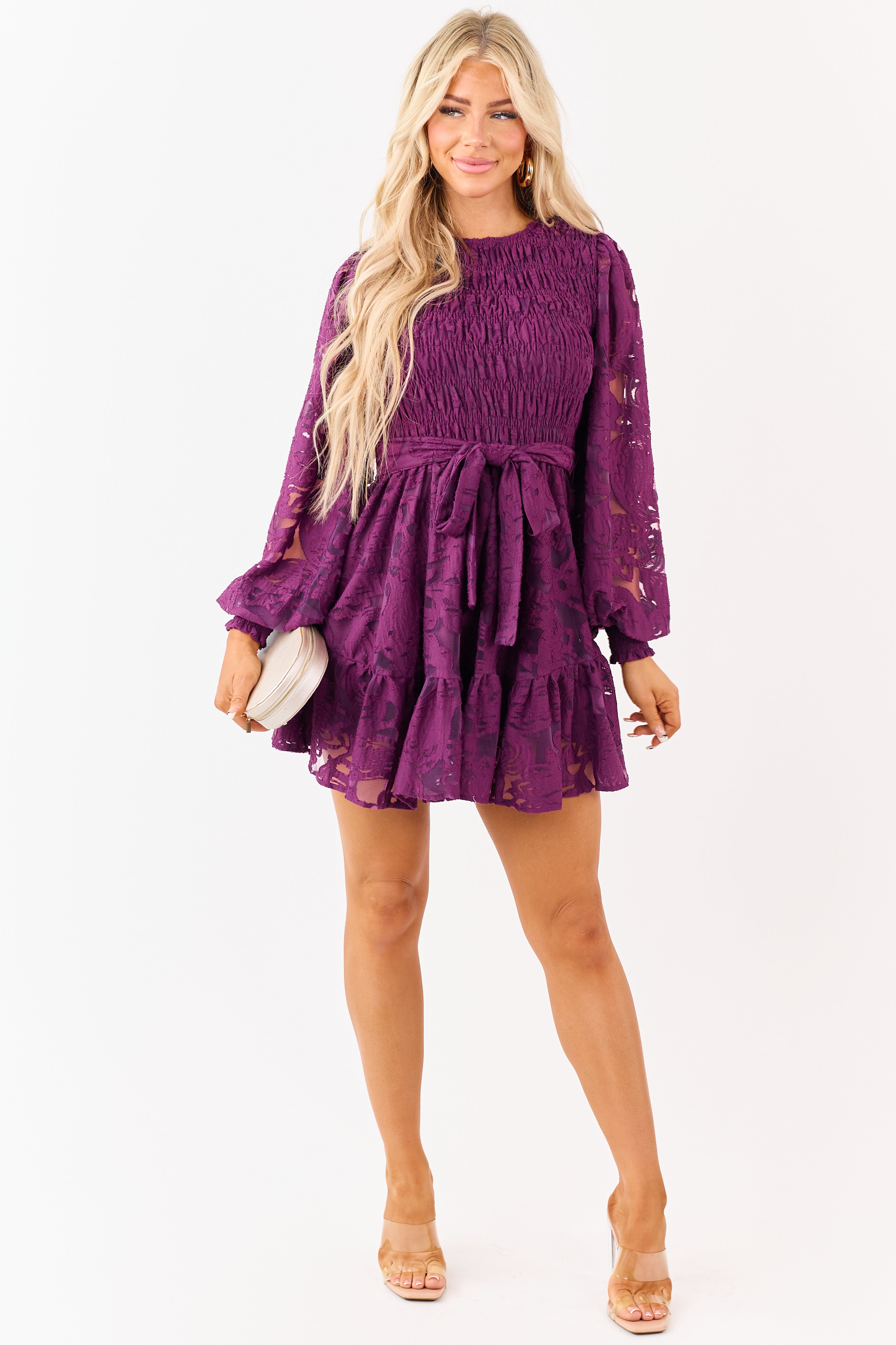 Flying Tomato Plum Floral Lace Smocked Mini Dress