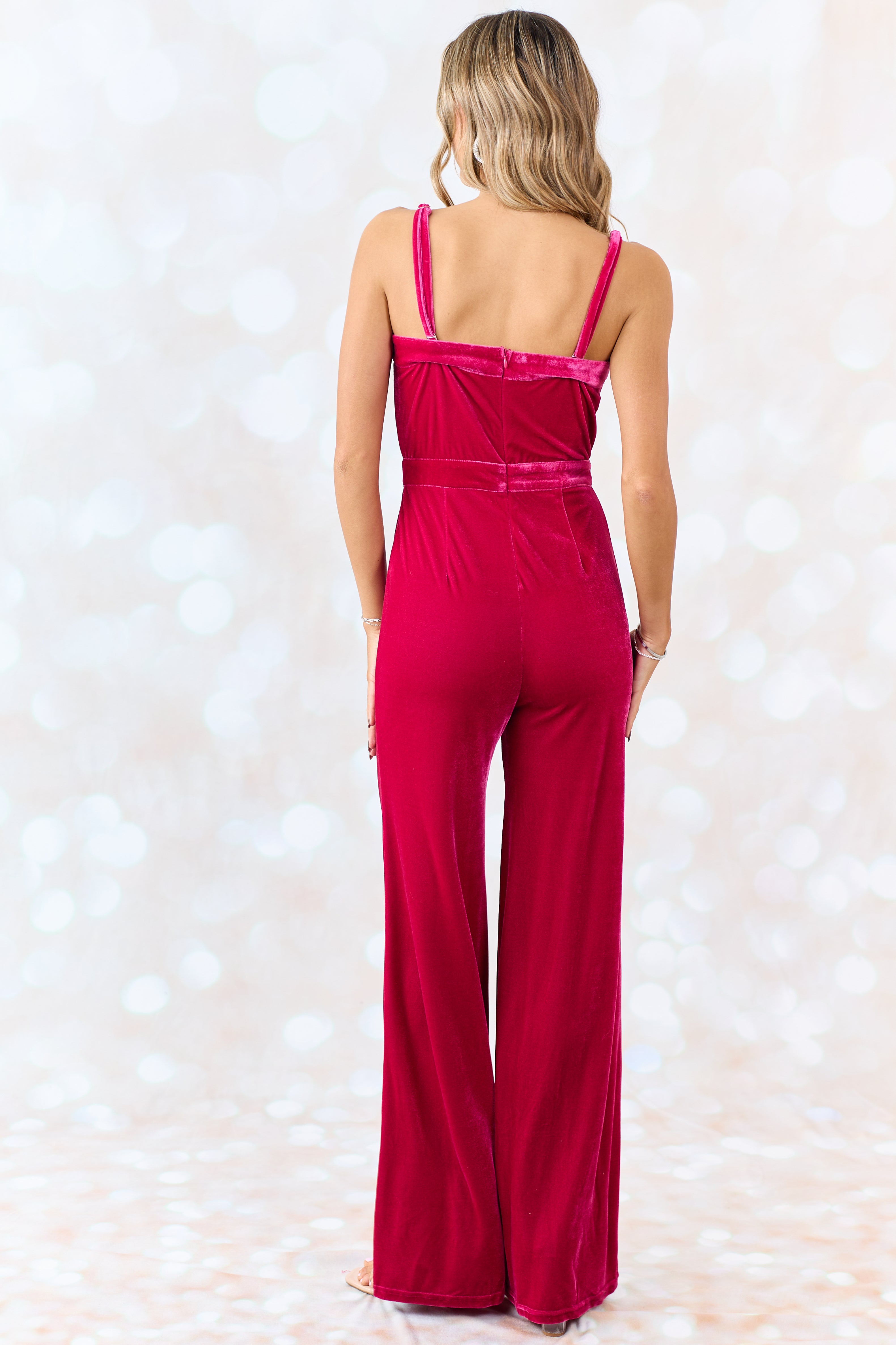 Flying Tomato Raspberry Split Neck Flare Leg Velvet Jumpsuit