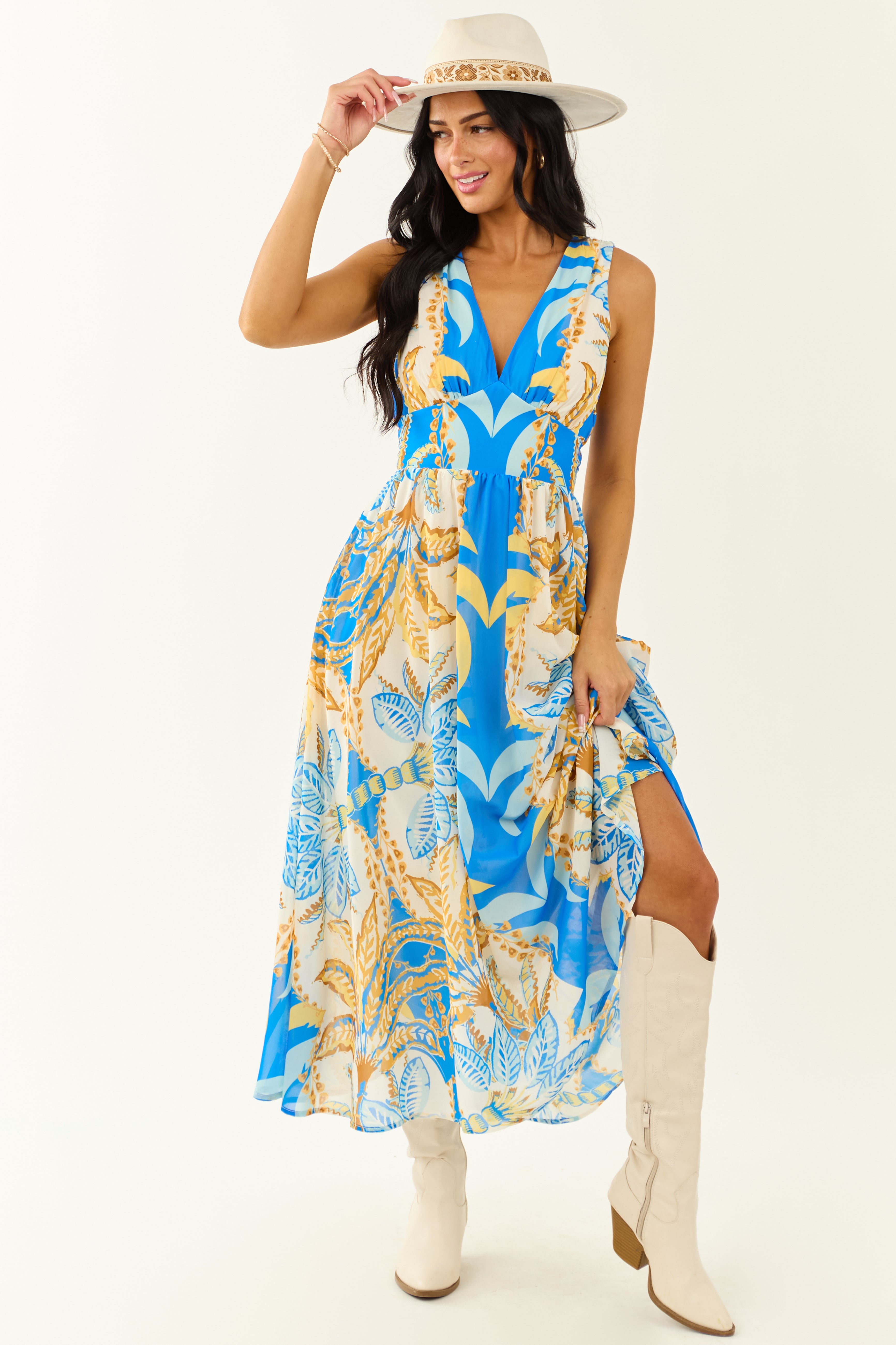 Flying Tomato Royal Blue Abstract Print Maxi Dress