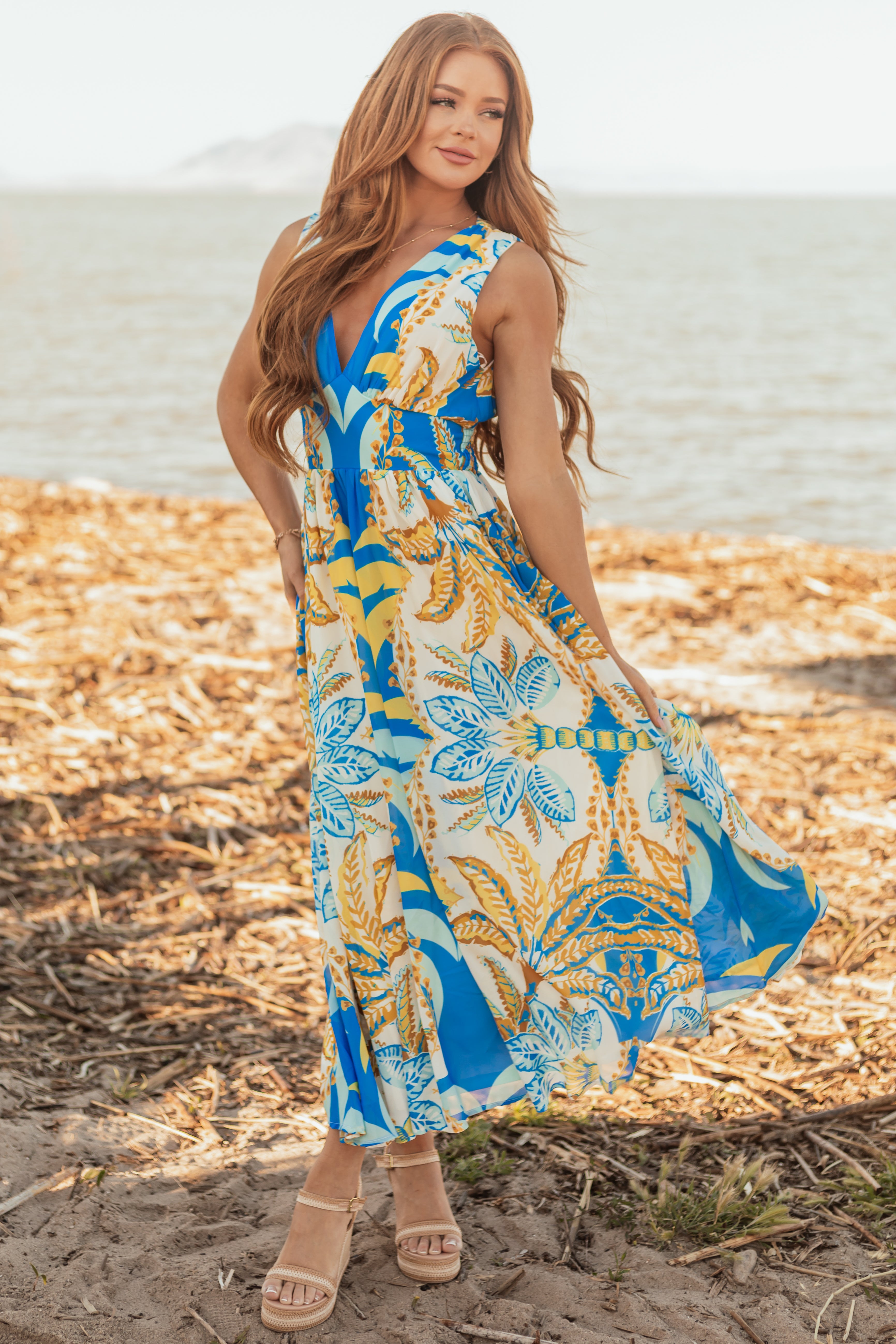 Flying Tomato Royal Blue Abstract Print Maxi Dress
