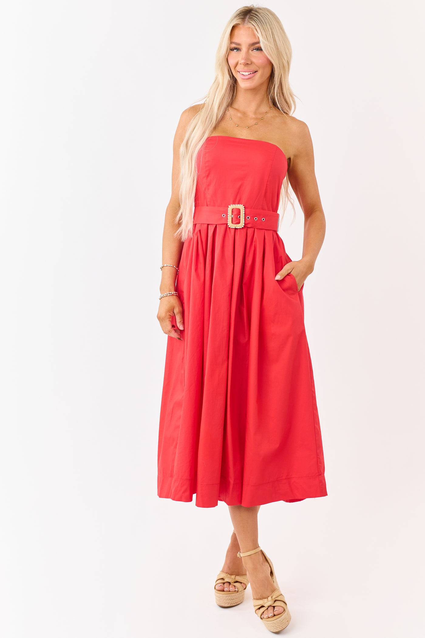 Flying Tomato Scarlet Cotton Strapless Midi Dress