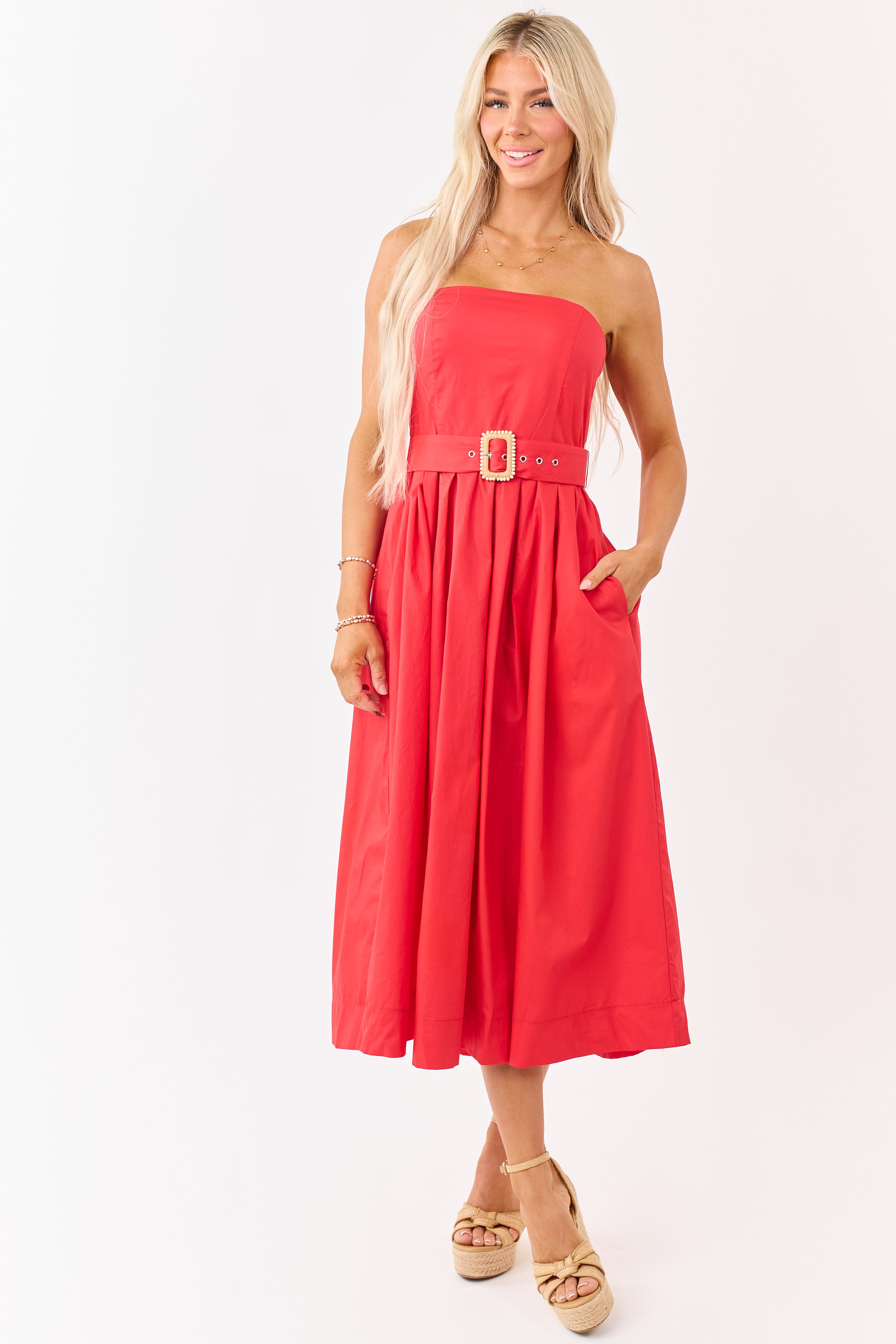 Flying Tomato Scarlet Cotton Strapless Midi Dress