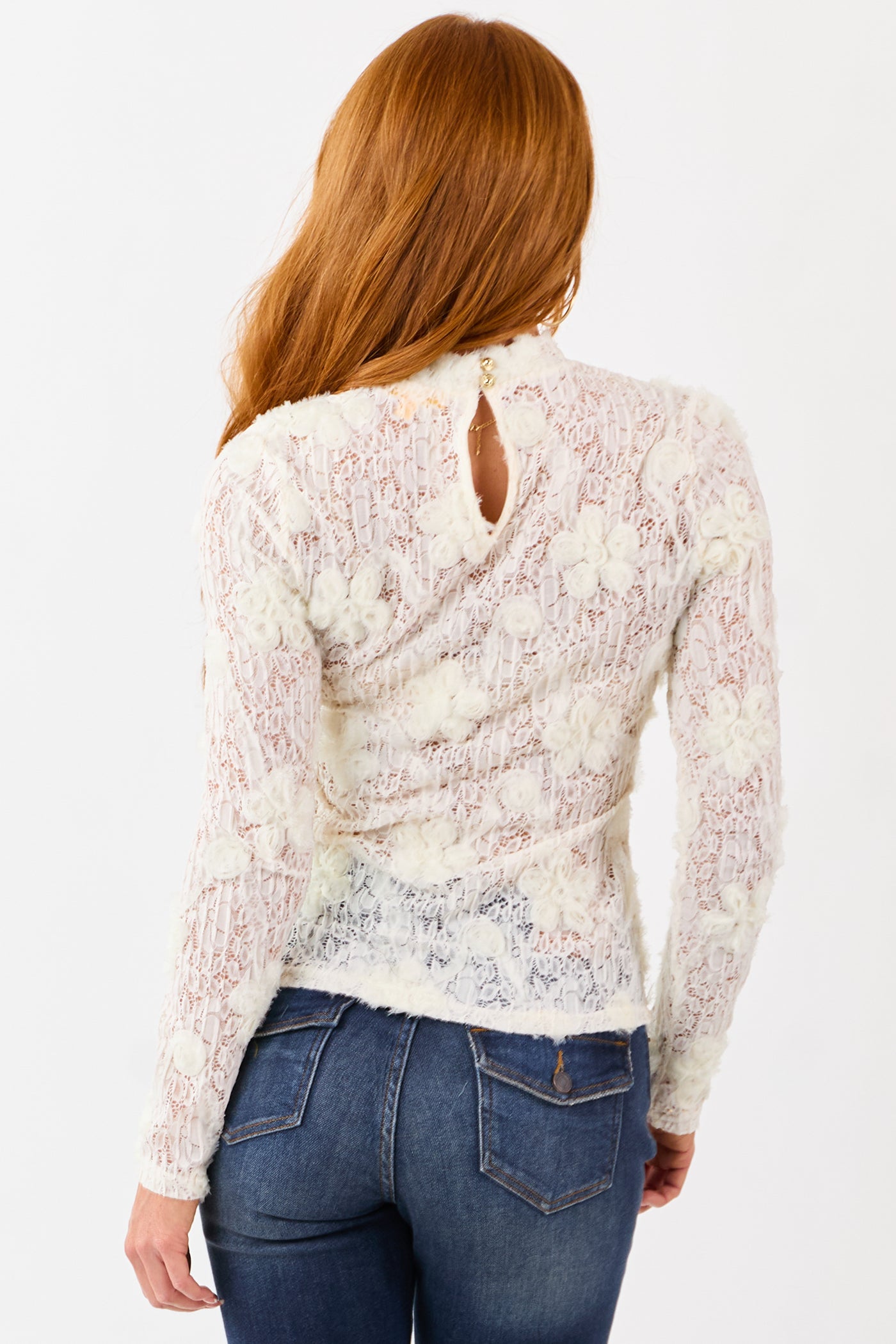 Flying Tomato Vanilla 3D Floral Lace Long Sleeve Top