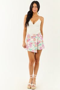 Flying Tomato Vanilla Floral Print Denim Mini Skort