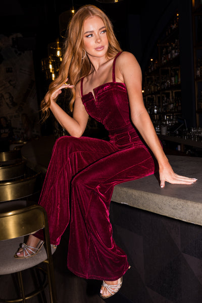 Flying Tomato Wine Split Neck Flare Leg Velvet Jumpsuit