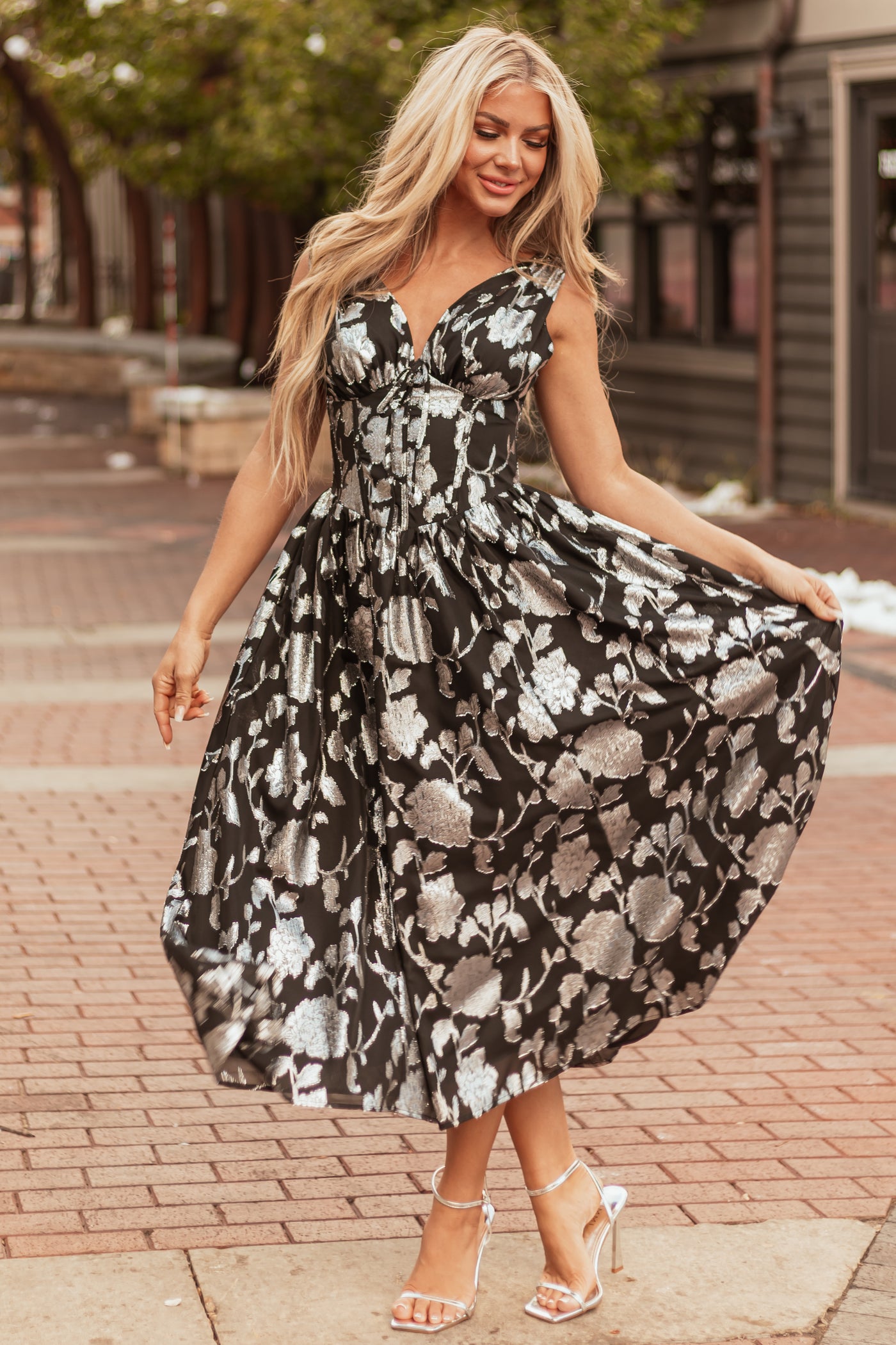 Flying Tomato Black and Silver Floral Midi Dress | Lime Lush Boutique Flying Tomato Black and Silver Floral Midi Dress | Lime Lush Boutique