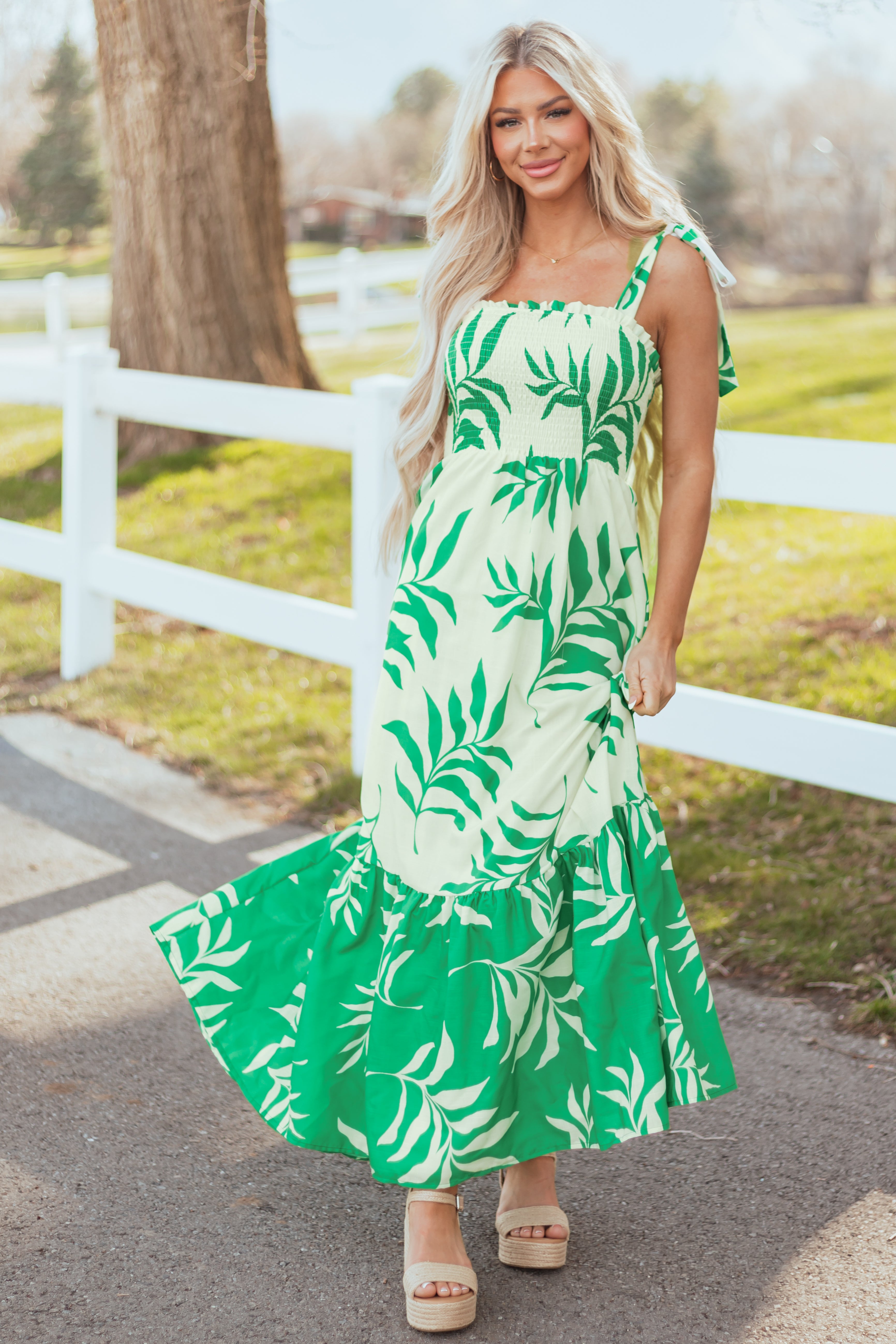 Flying Tomato Cream Leaf Print Sleeveless Maxi Dress