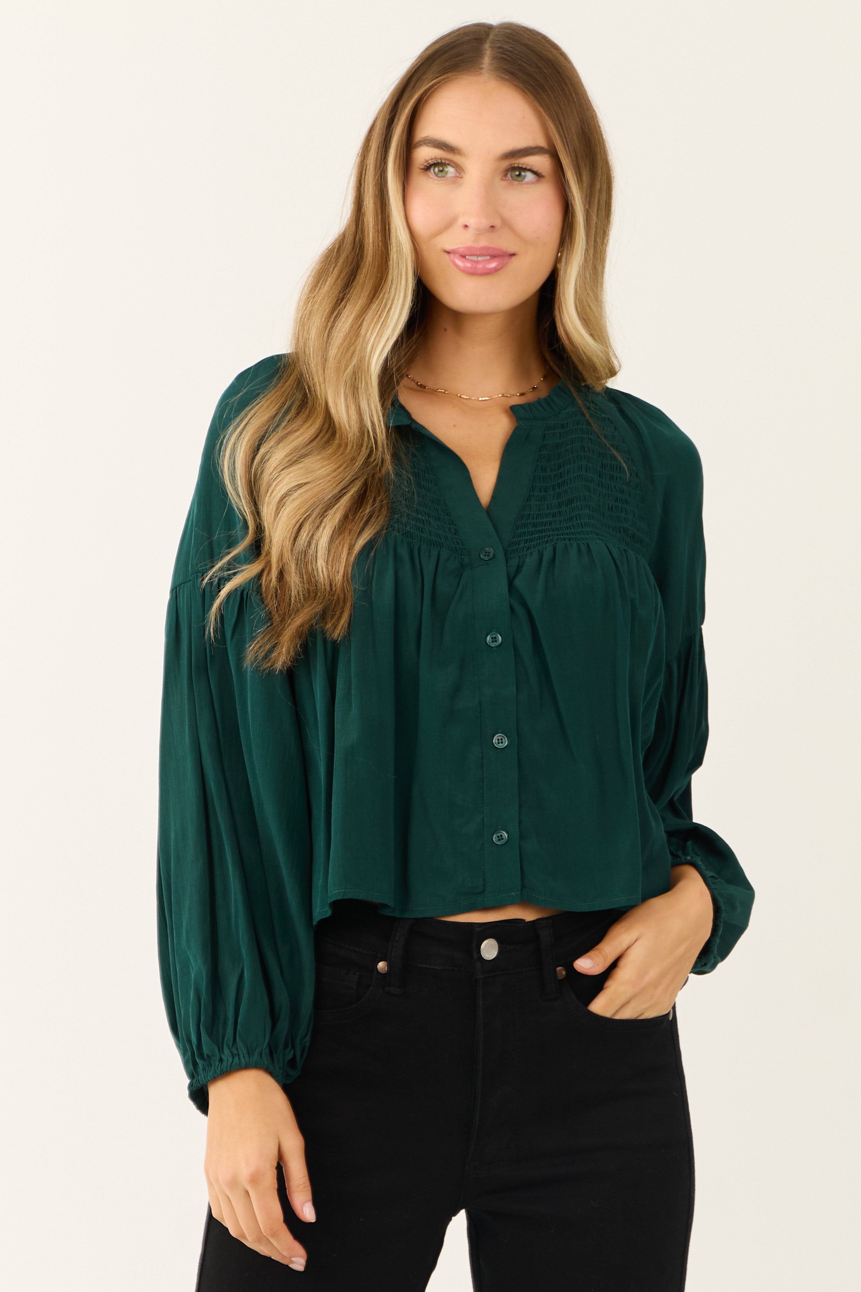 Forest Green Button Up Smocked Yoke Long Sleeve Top