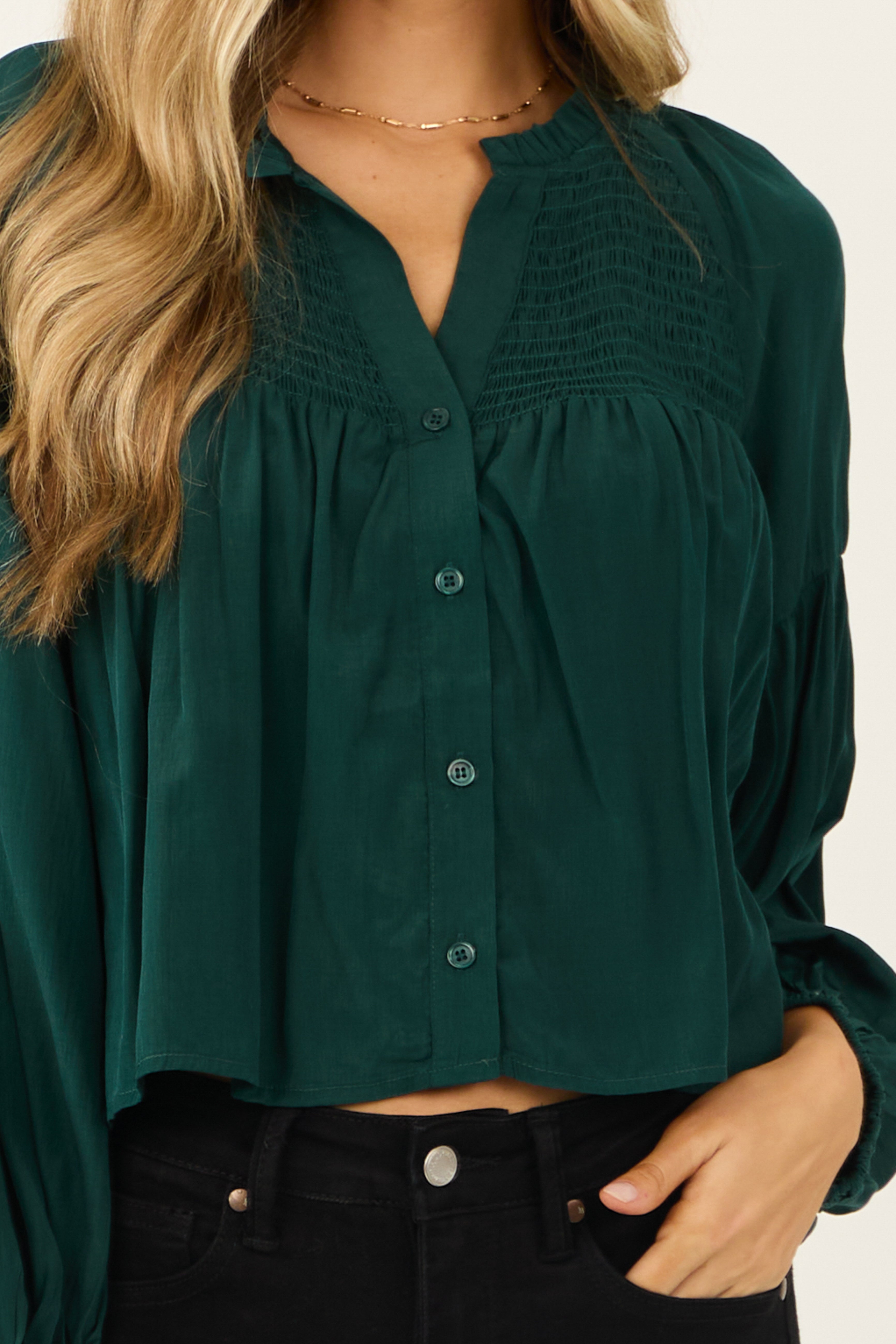 Forest Green Button Up Smocked Yoke Long Sleeve Top