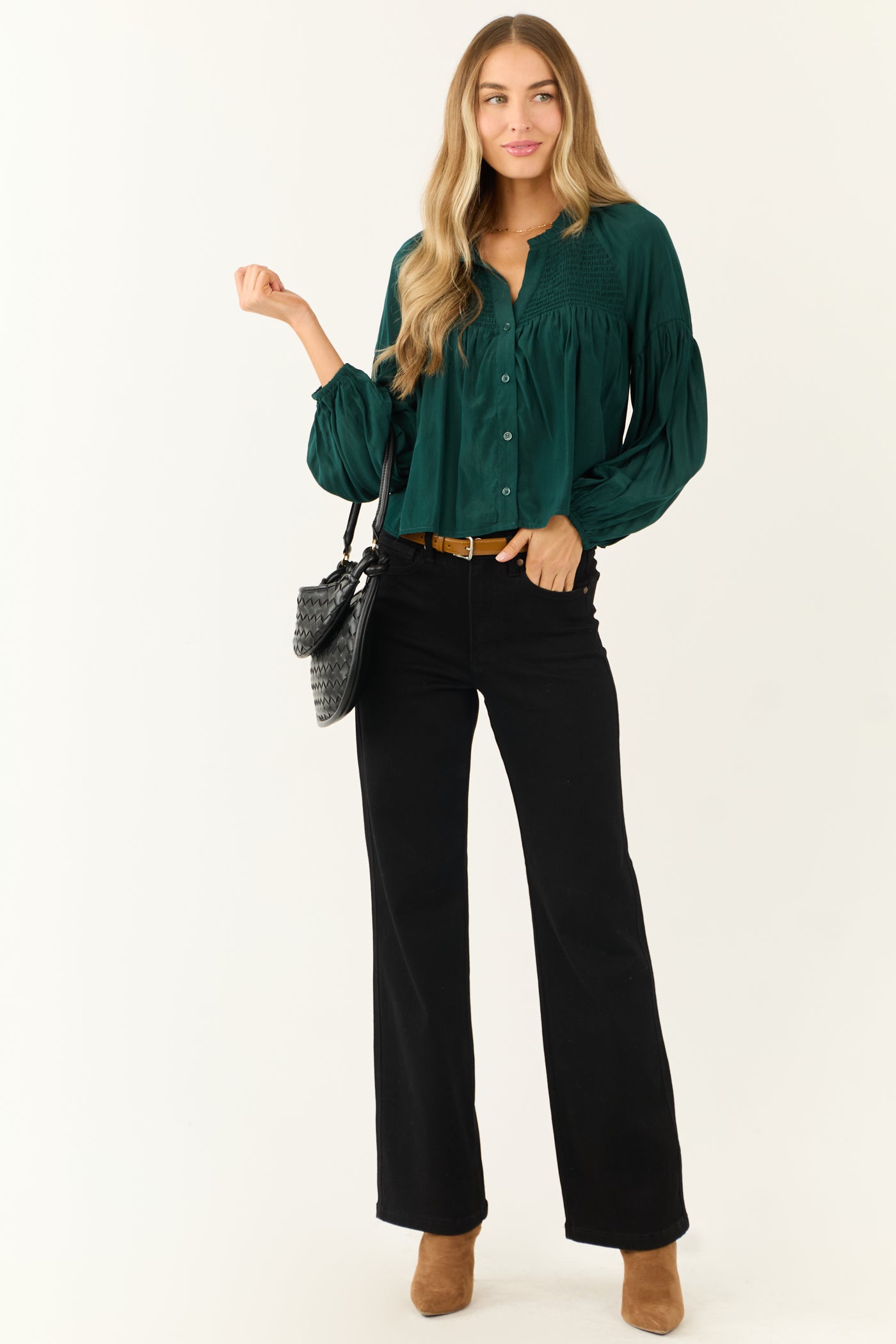 Forest Green Button Up Smocked Yoke Long Sleeve Top