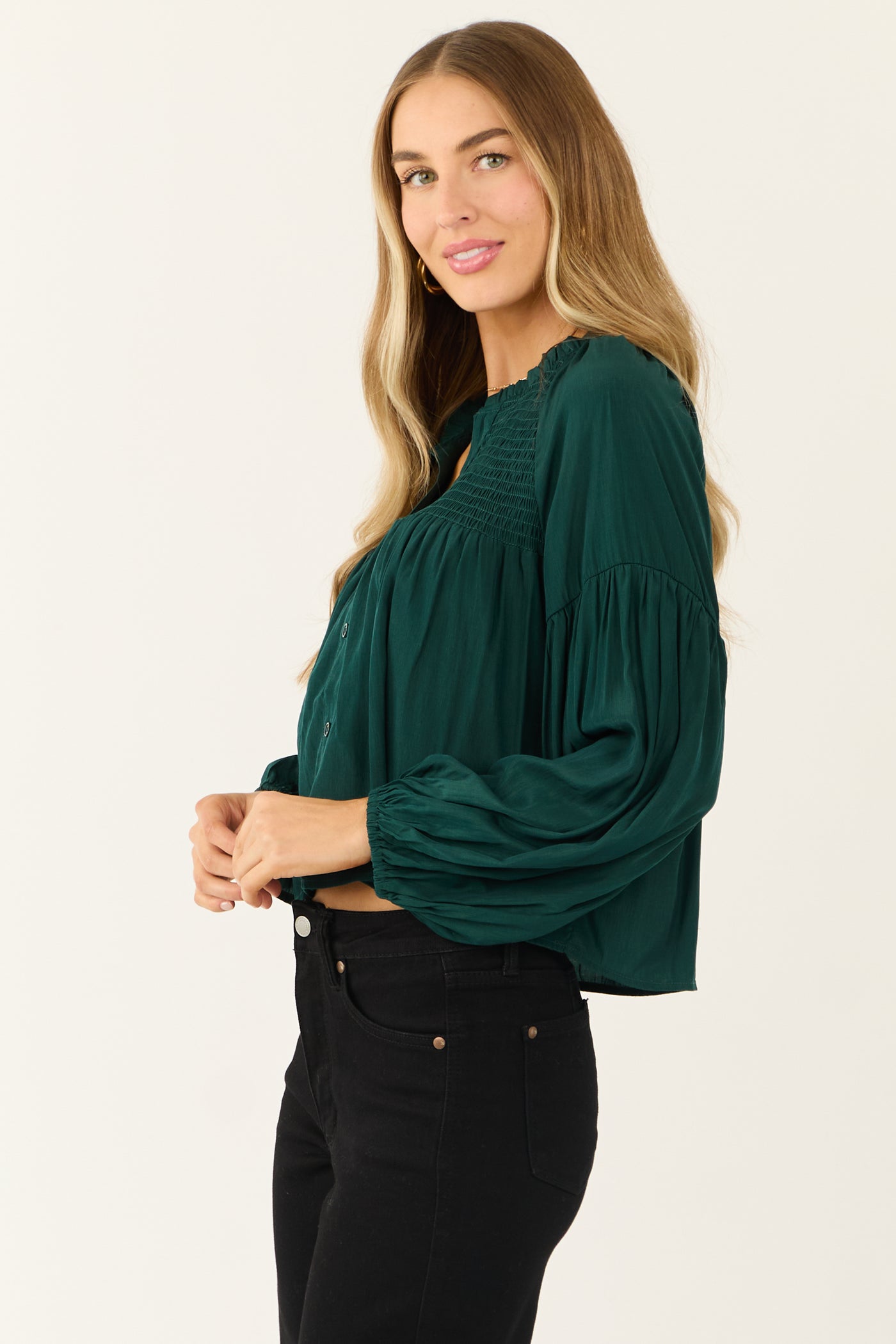 Forest Green Button Up Smocked Yoke Long Sleeve Top