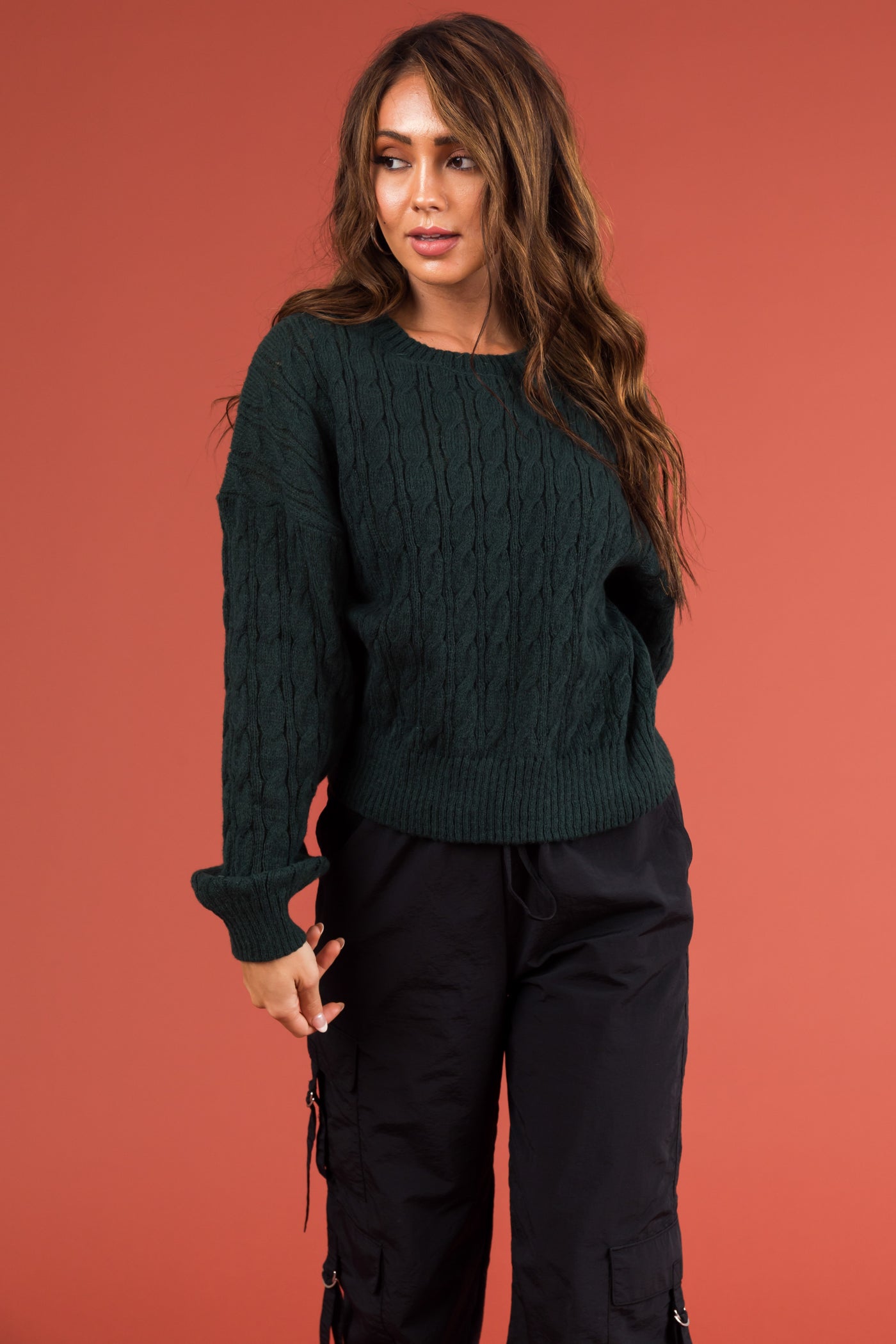 Forest Green Cable Knit Long Sleeve Sweater