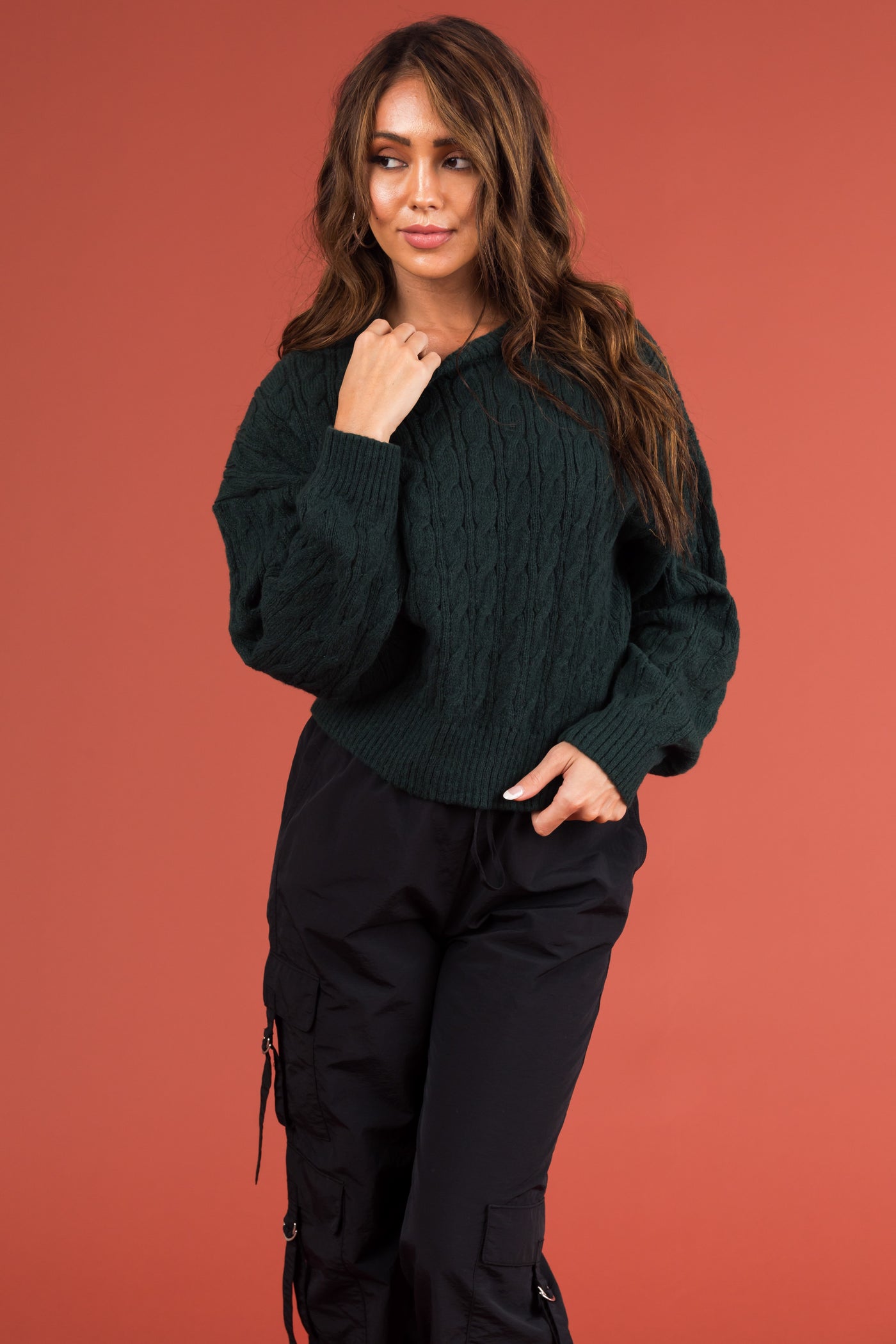 Forest Green Cable Knit Long Sleeve Sweater
