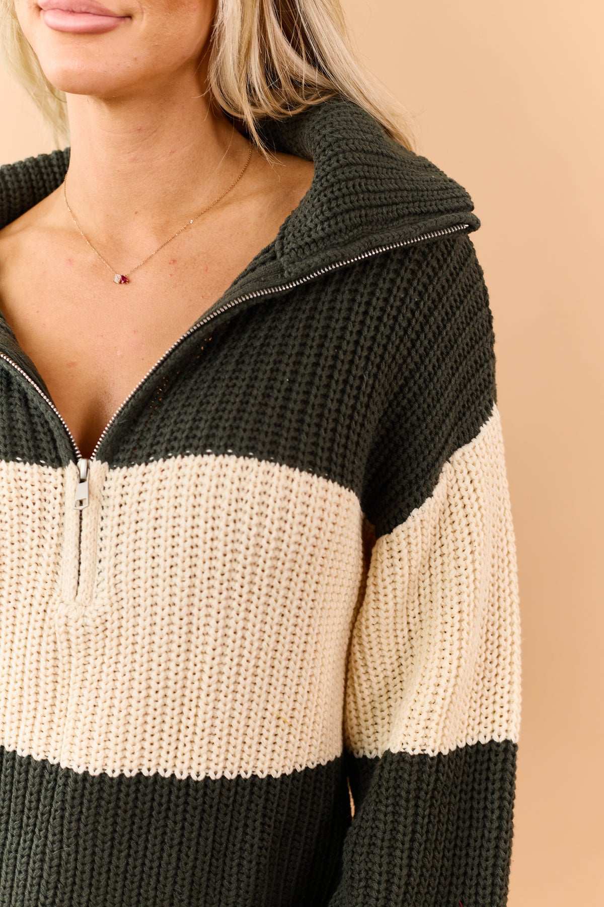 Forest Green Colorblock Half Zip Pullover Sweater