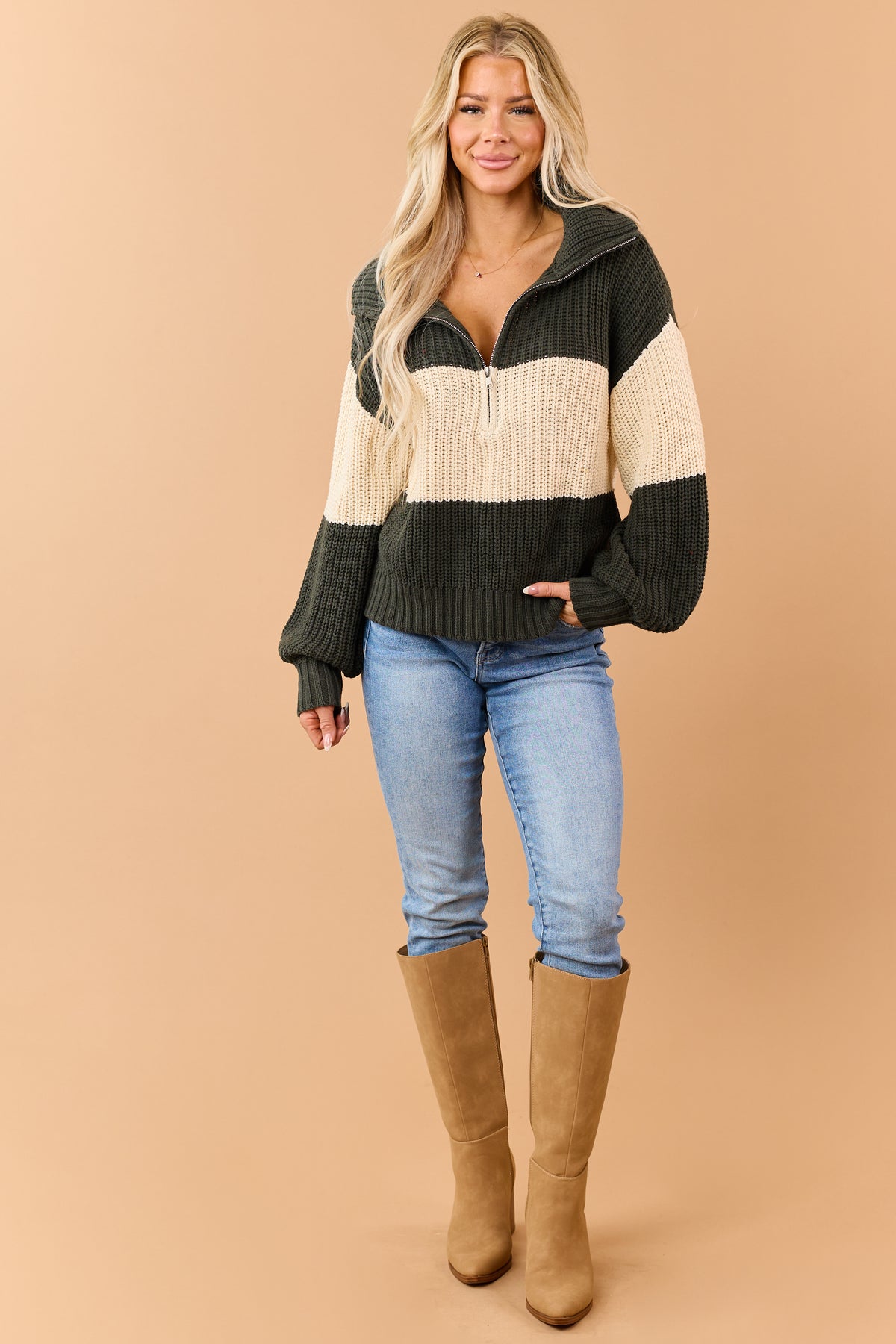 Forest Green Colorblock Half Zip Pullover Sweater