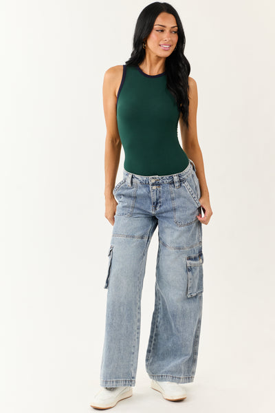 Forest Green Contrast Trim Rib Knit Tank Bodysuit