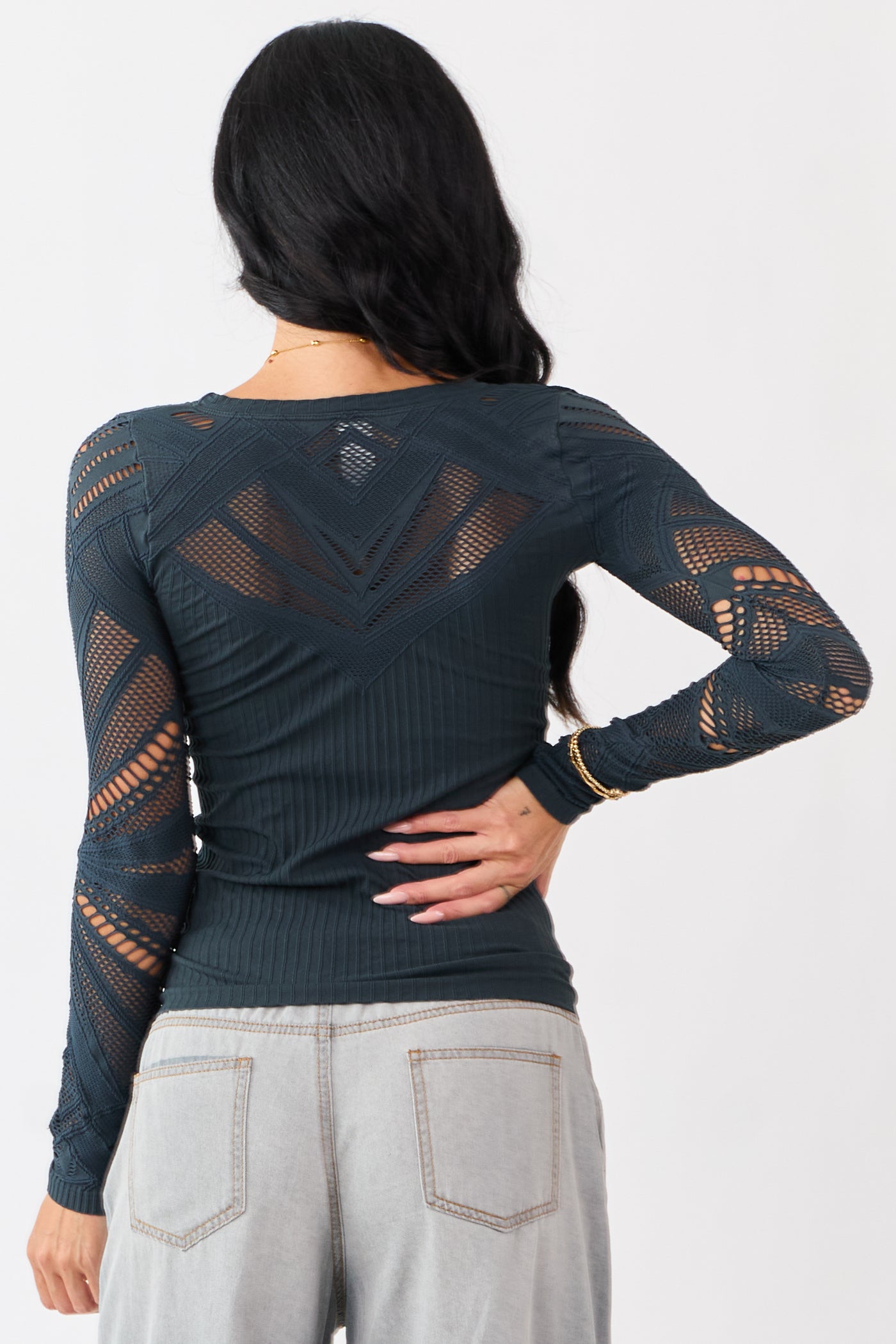 Forest Green Eyelet Sleeve Round Neck Knit Top