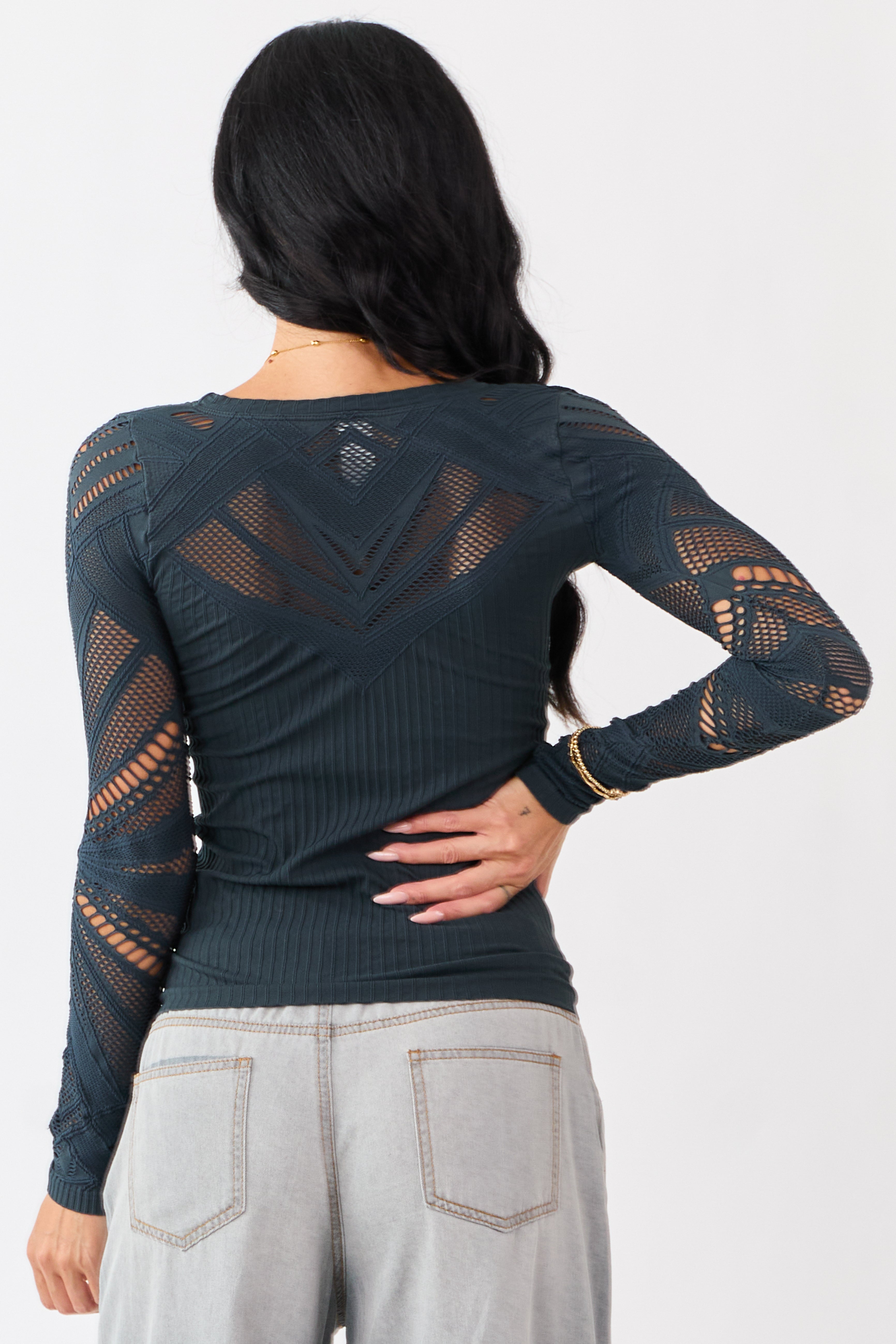 Forest Green Eyelet Sleeve Round Neck Knit Top