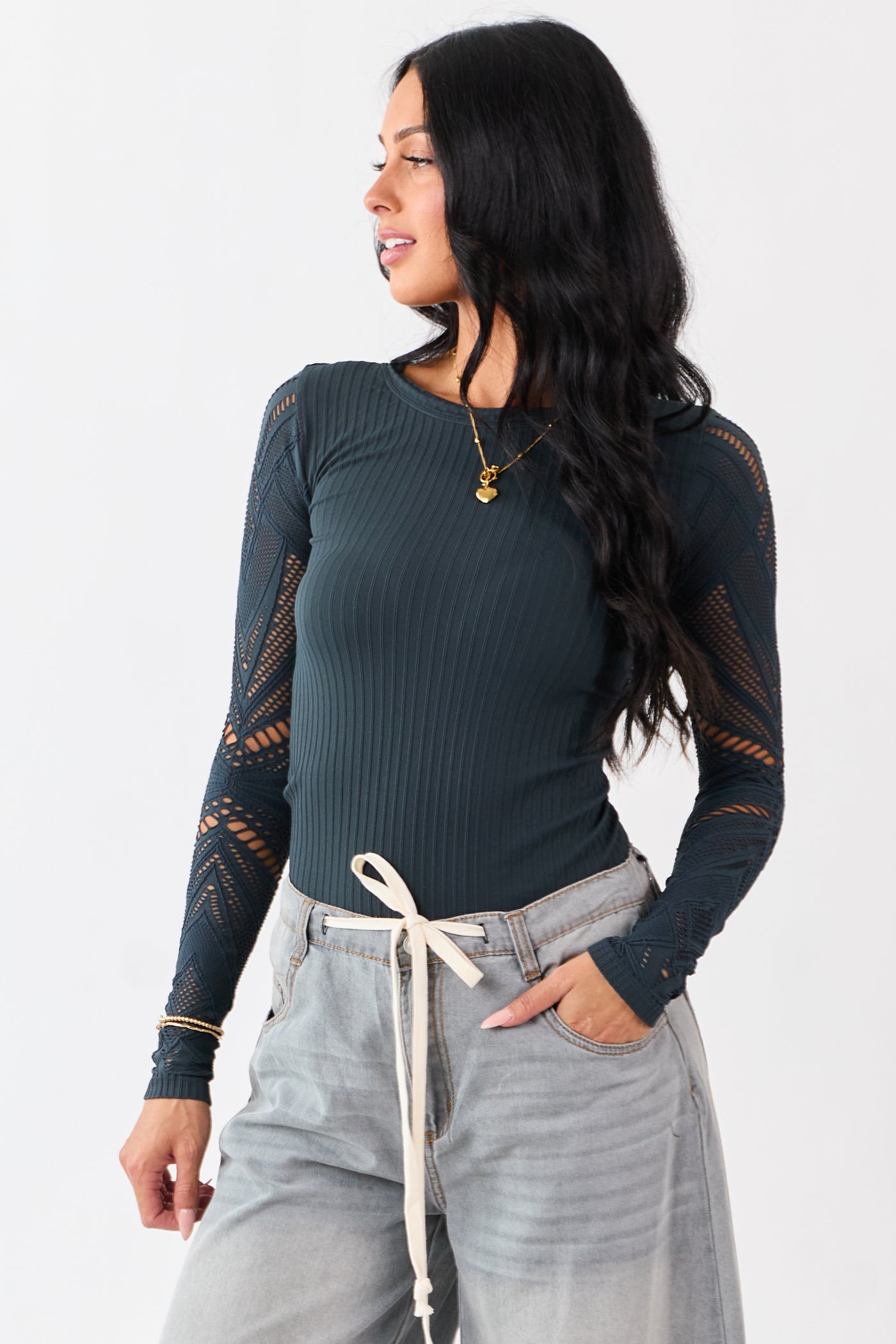 Forest Green Eyelet Sleeve Round Neck Knit Top