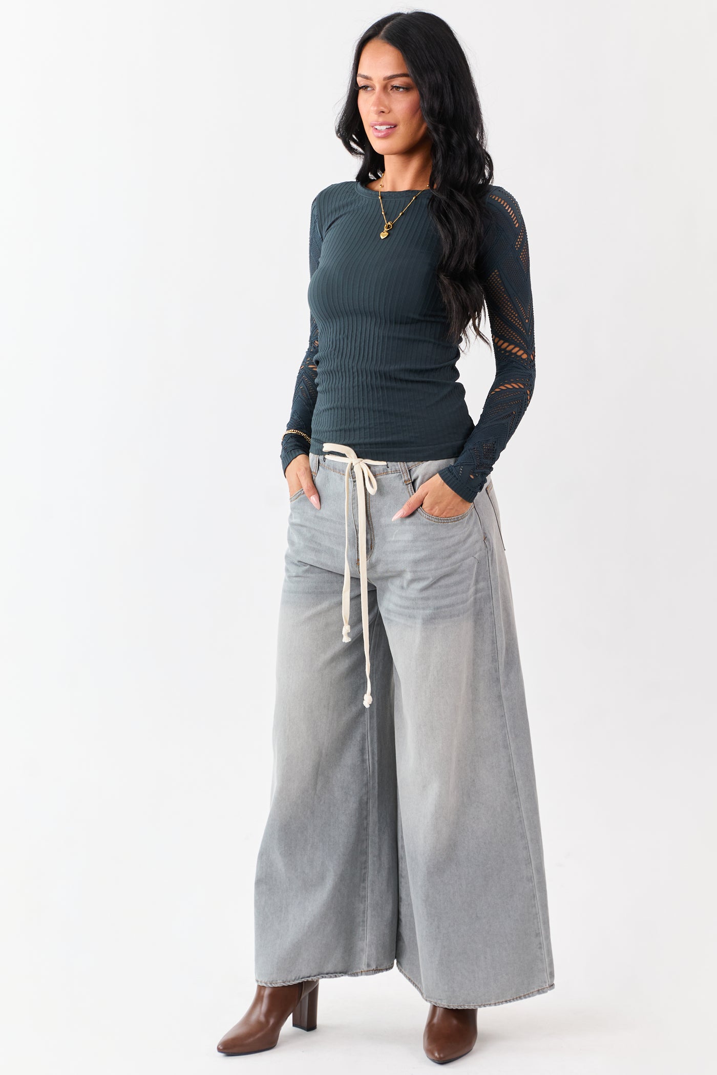 Forest Green Eyelet Sleeve Round Neck Knit Top