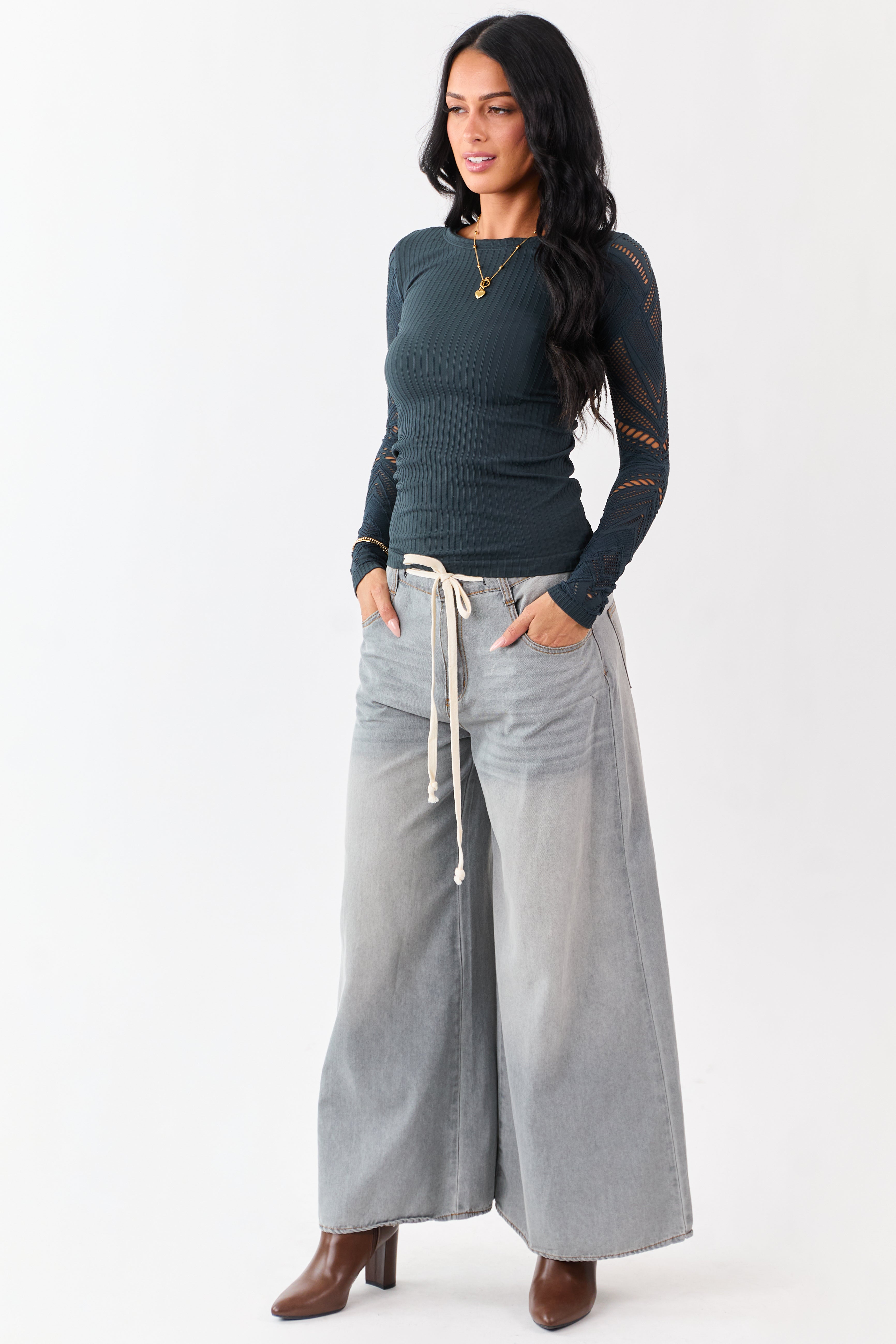 Forest Green Eyelet Sleeve Round Neck Knit Top