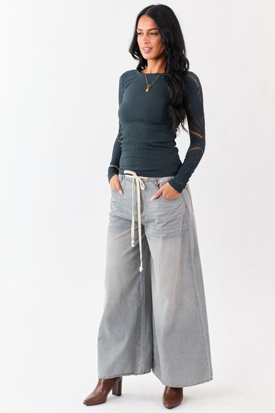 Forest Green Eyelet Sleeve Round Neck Knit Top