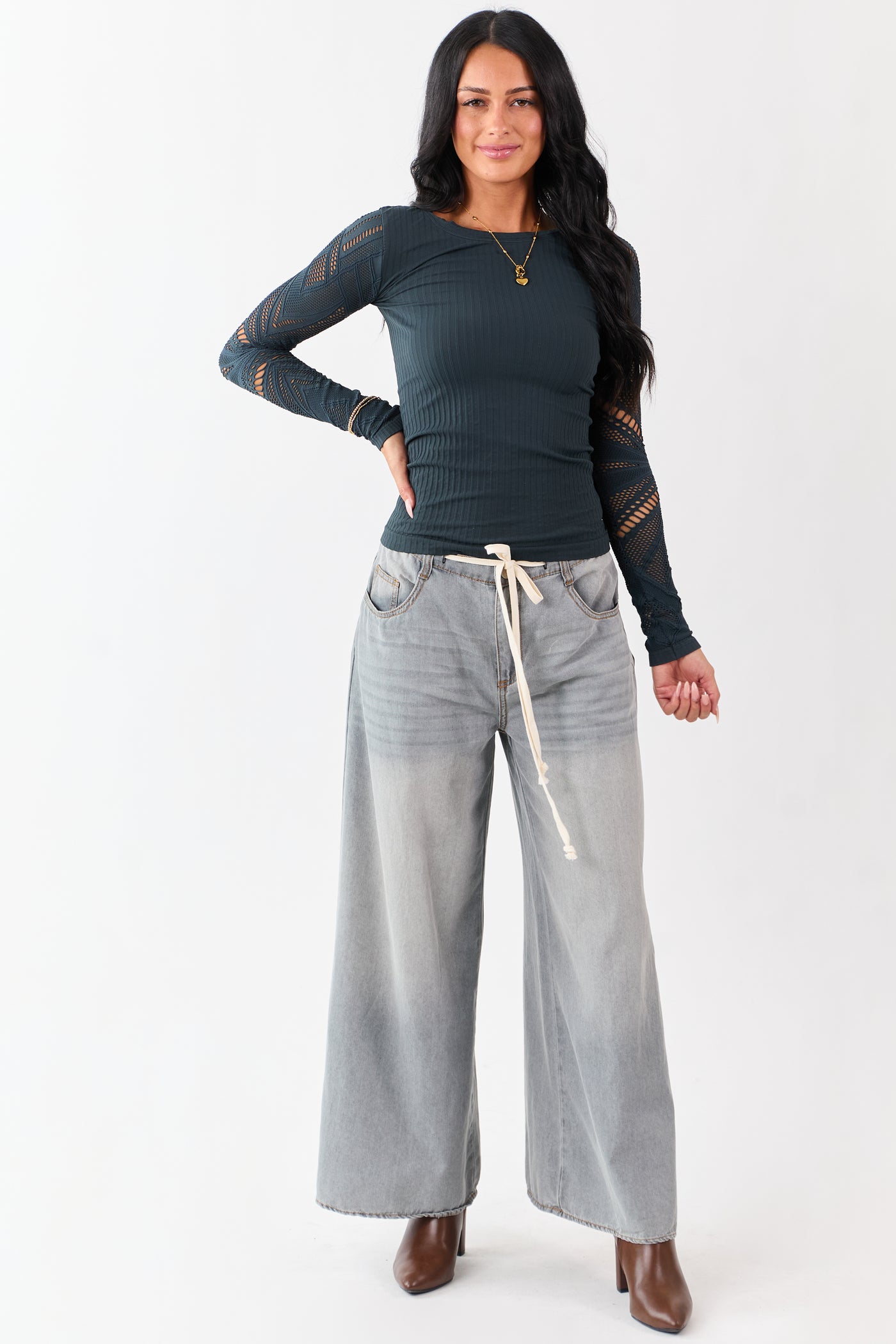 Forest Green Eyelet Sleeve Round Neck Knit Top