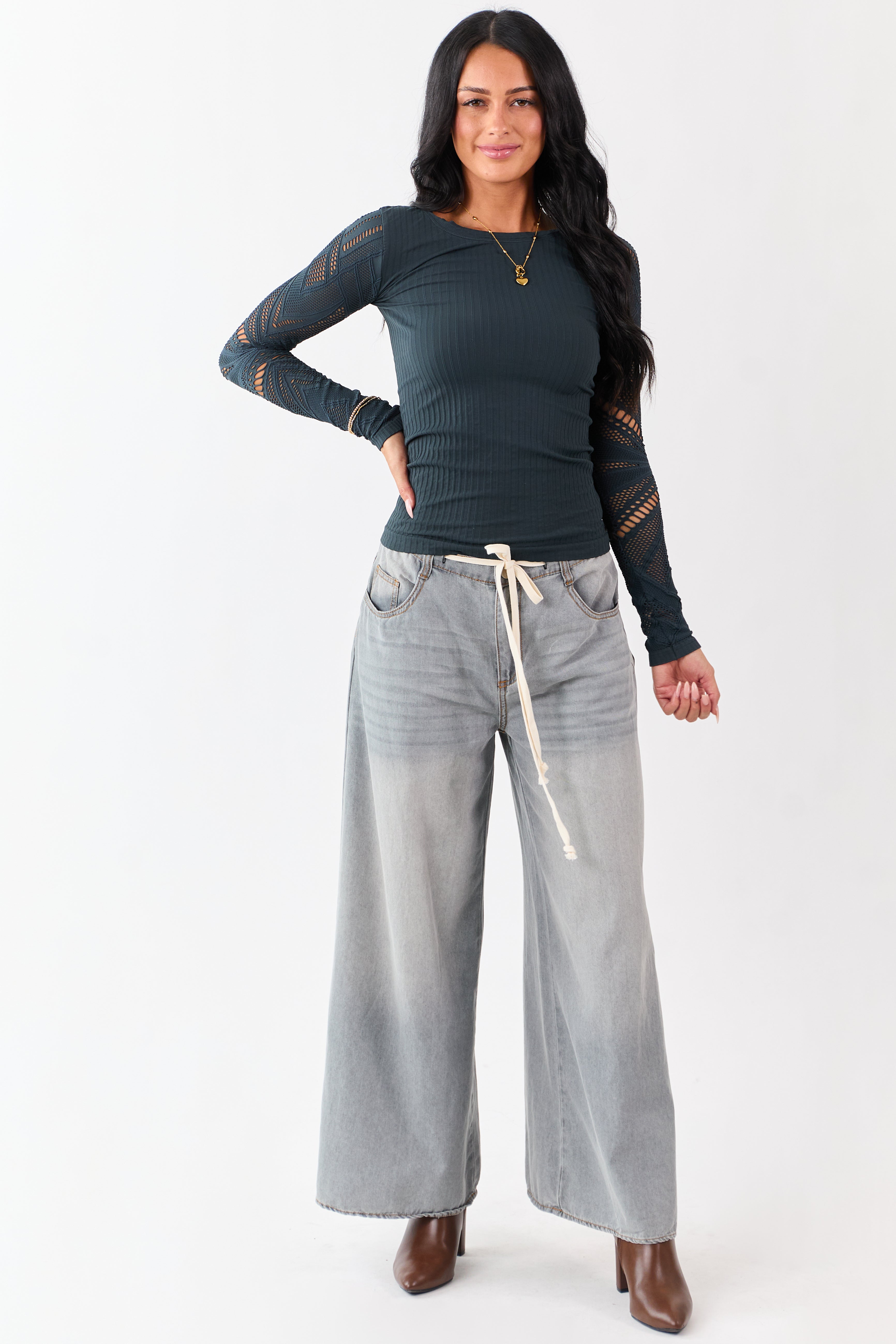 Forest Green Eyelet Sleeve Round Neck Knit Top