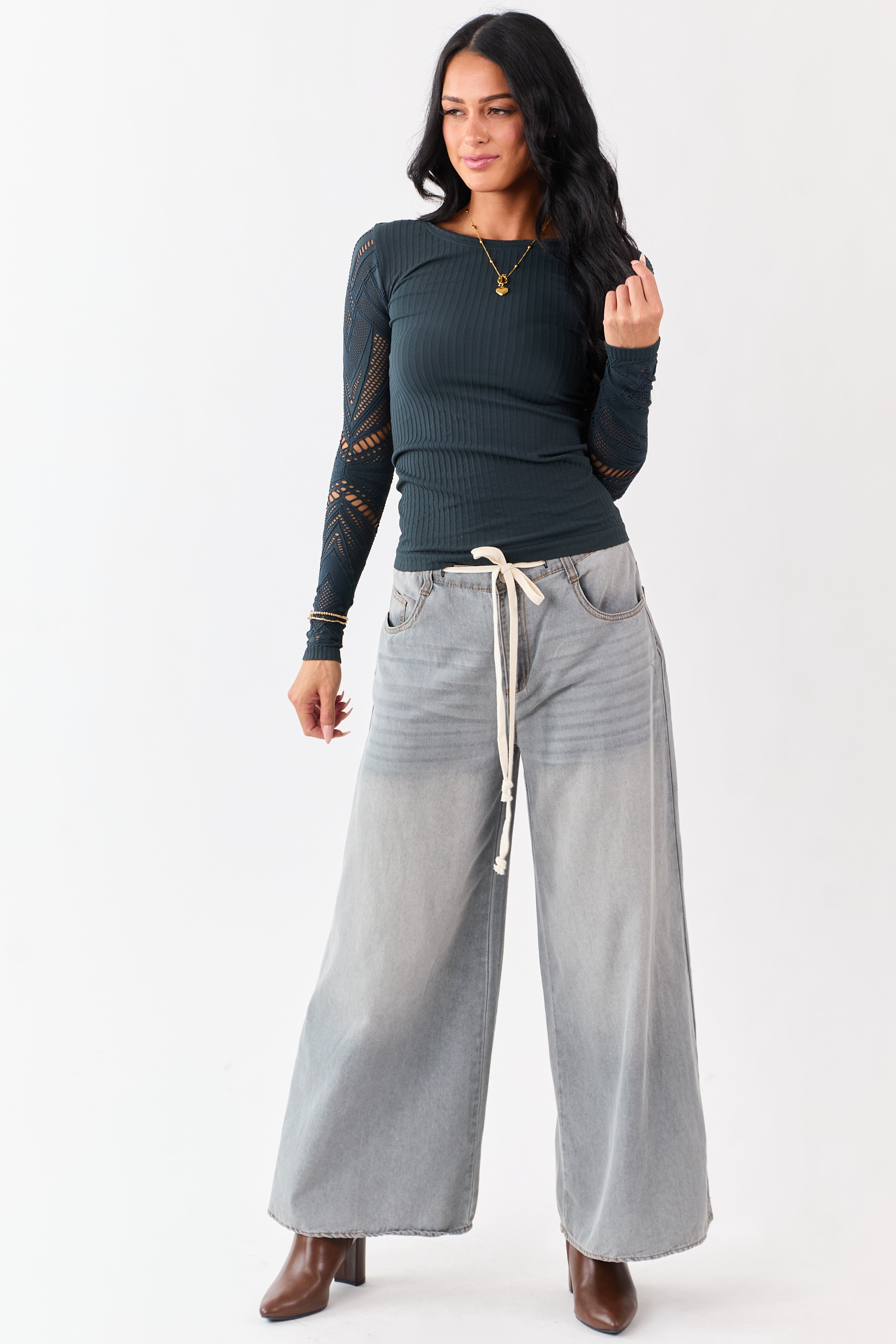 Forest Green Eyelet Sleeve Round Neck Knit Top