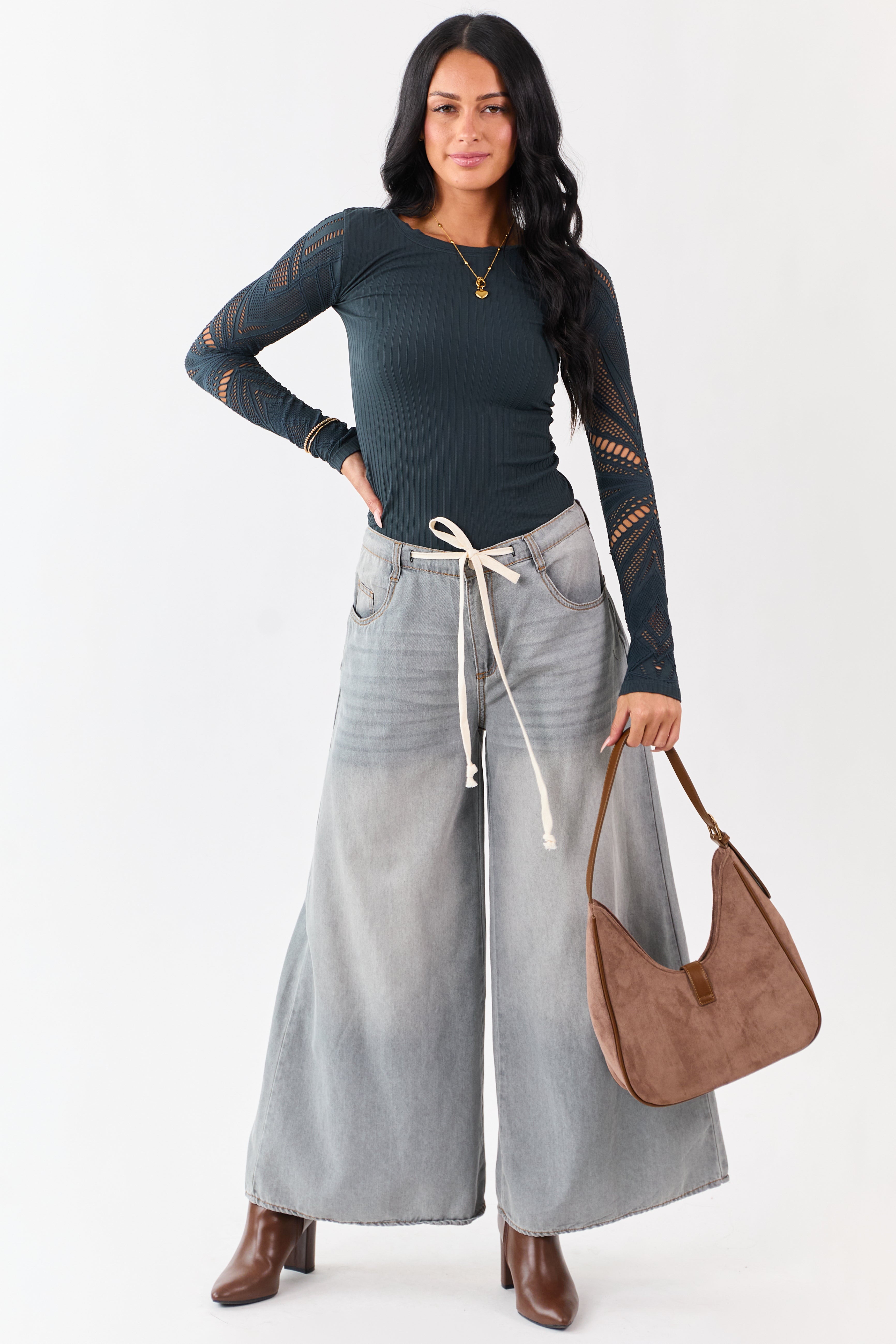 Forest Green Eyelet Sleeve Round Neck Knit Top