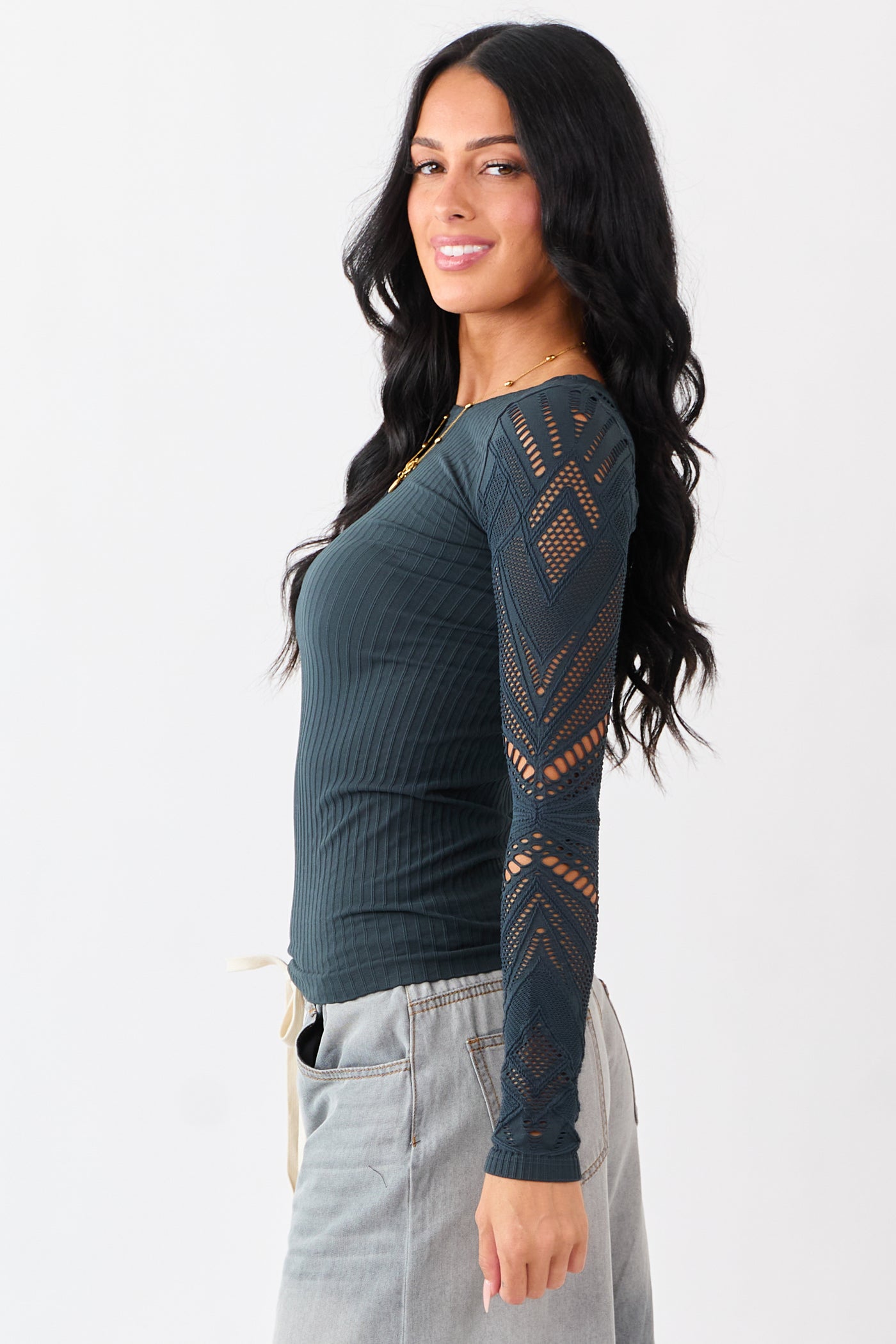 Forest Green Eyelet Sleeve Round Neck Knit Top
