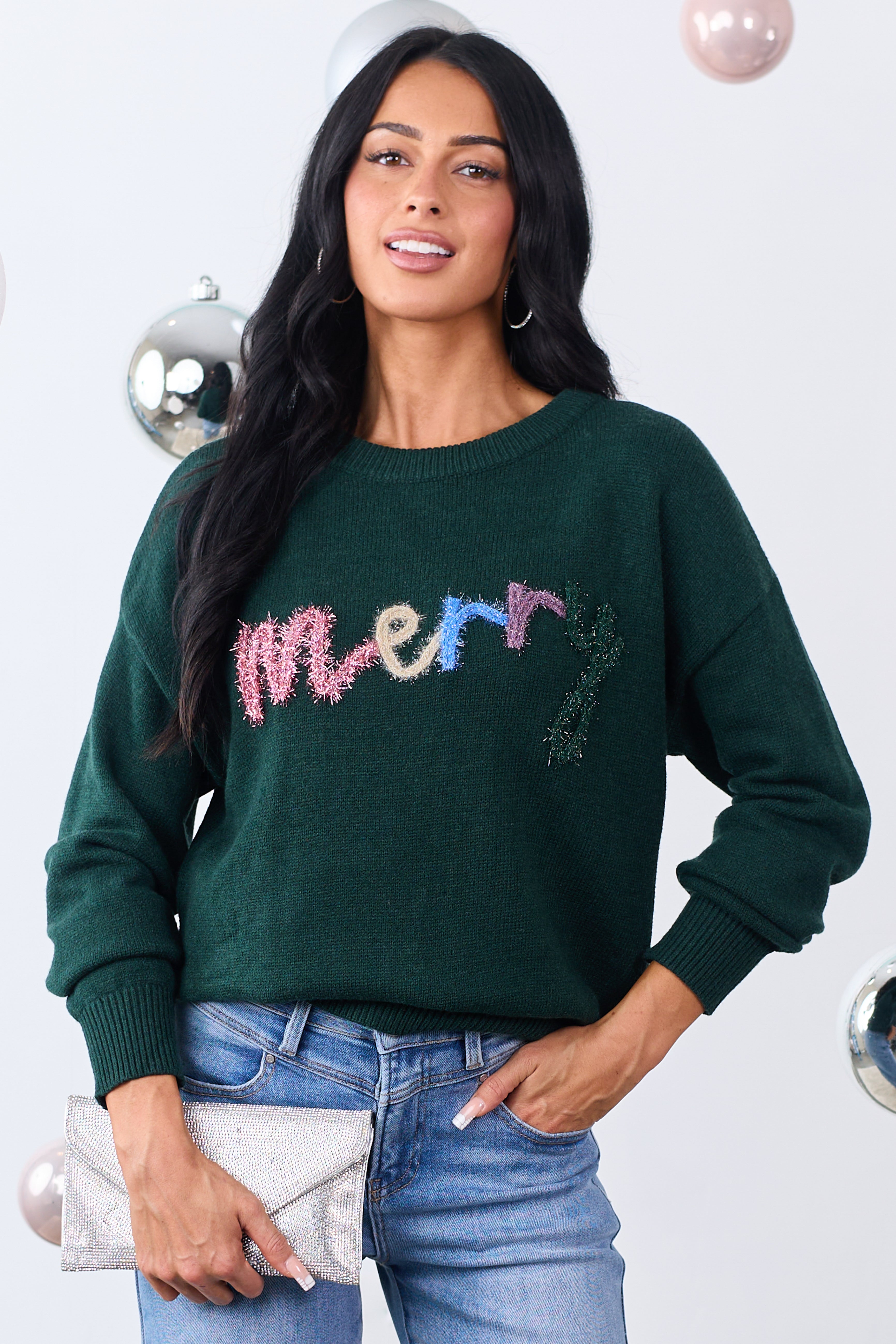 Forest Green 'Merry' Tinsel 3D Lettering Sweater