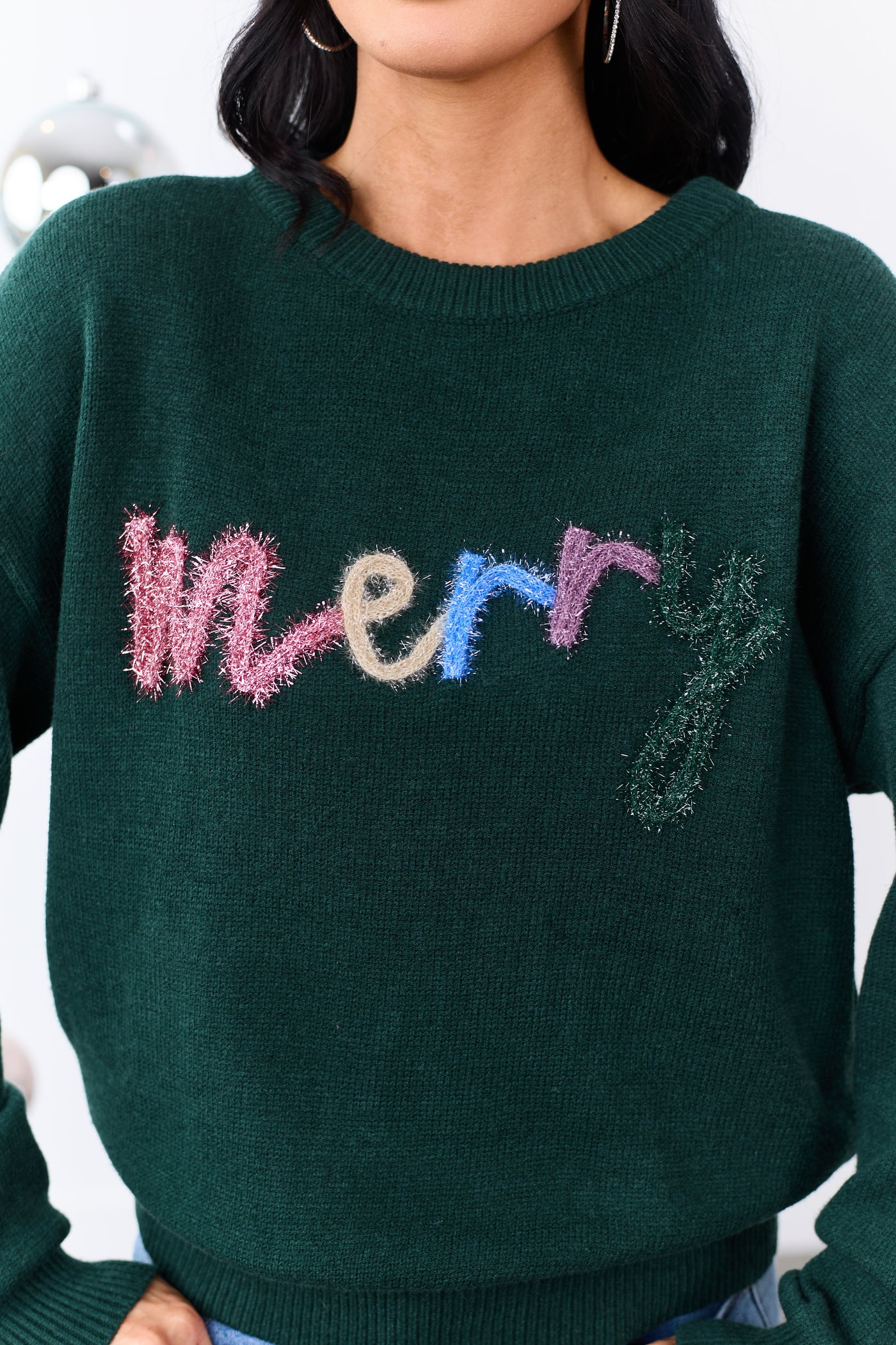 Forest Green 'Merry' Tinsel 3D Lettering Sweater