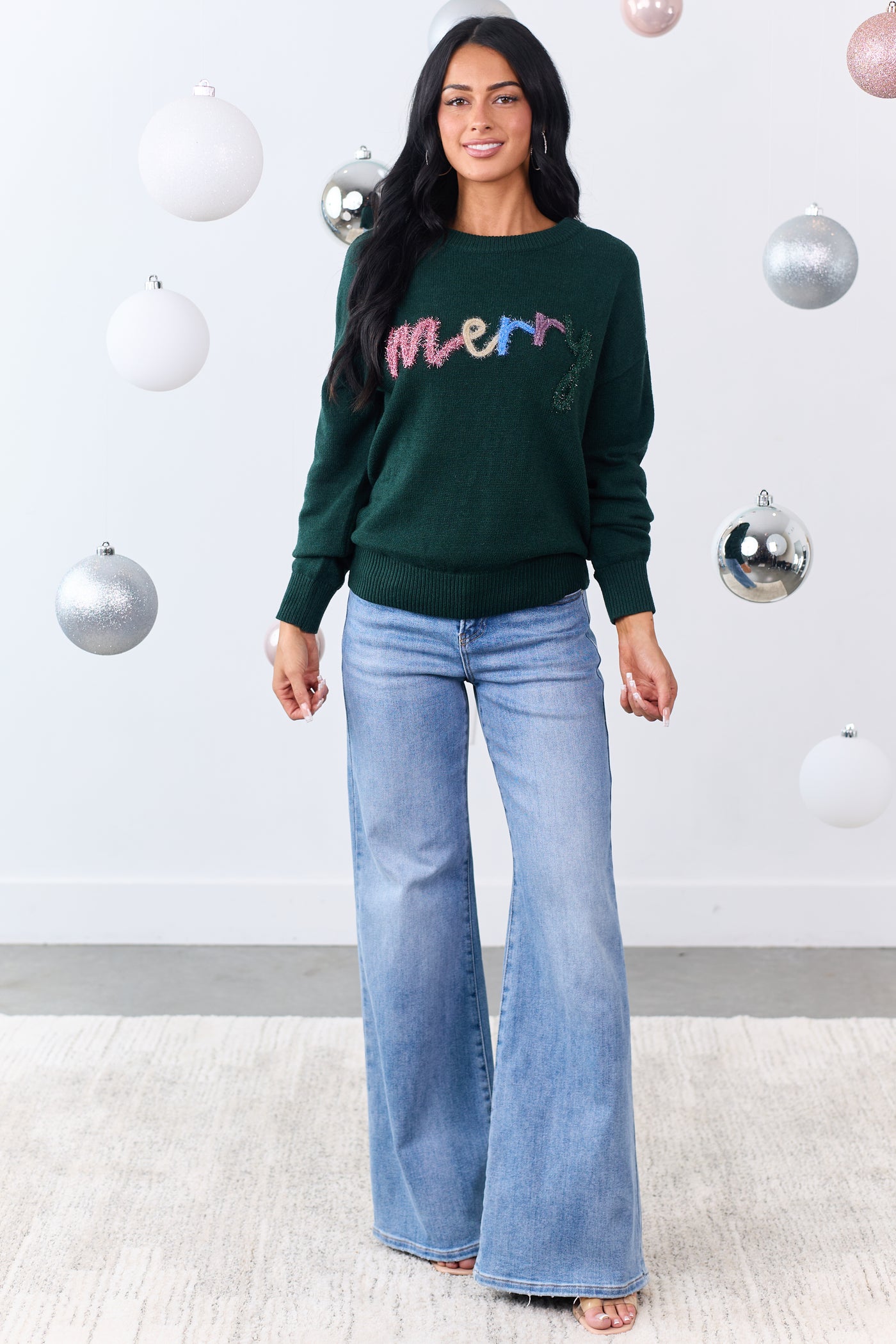 Forest Green 'Merry' Tinsel 3D Lettering Sweater
