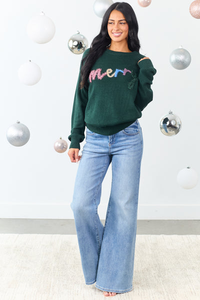 Forest Green 'Merry' Tinsel 3D Lettering Sweater