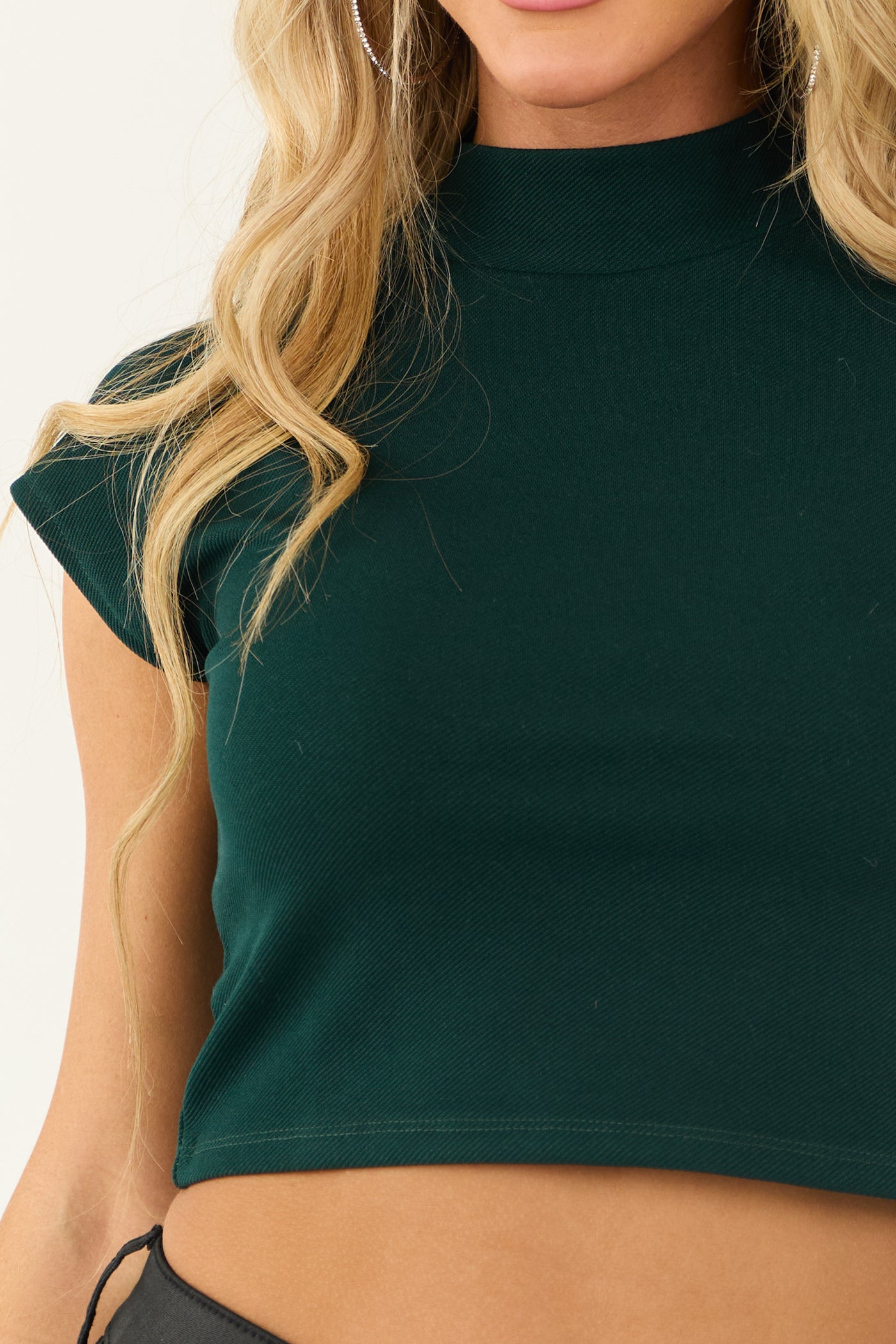 Forest Green Mock Neck Cap Sleeve Knit Crop Top Forest Green Mock Neck Cap Sleeve Knit Crop Top