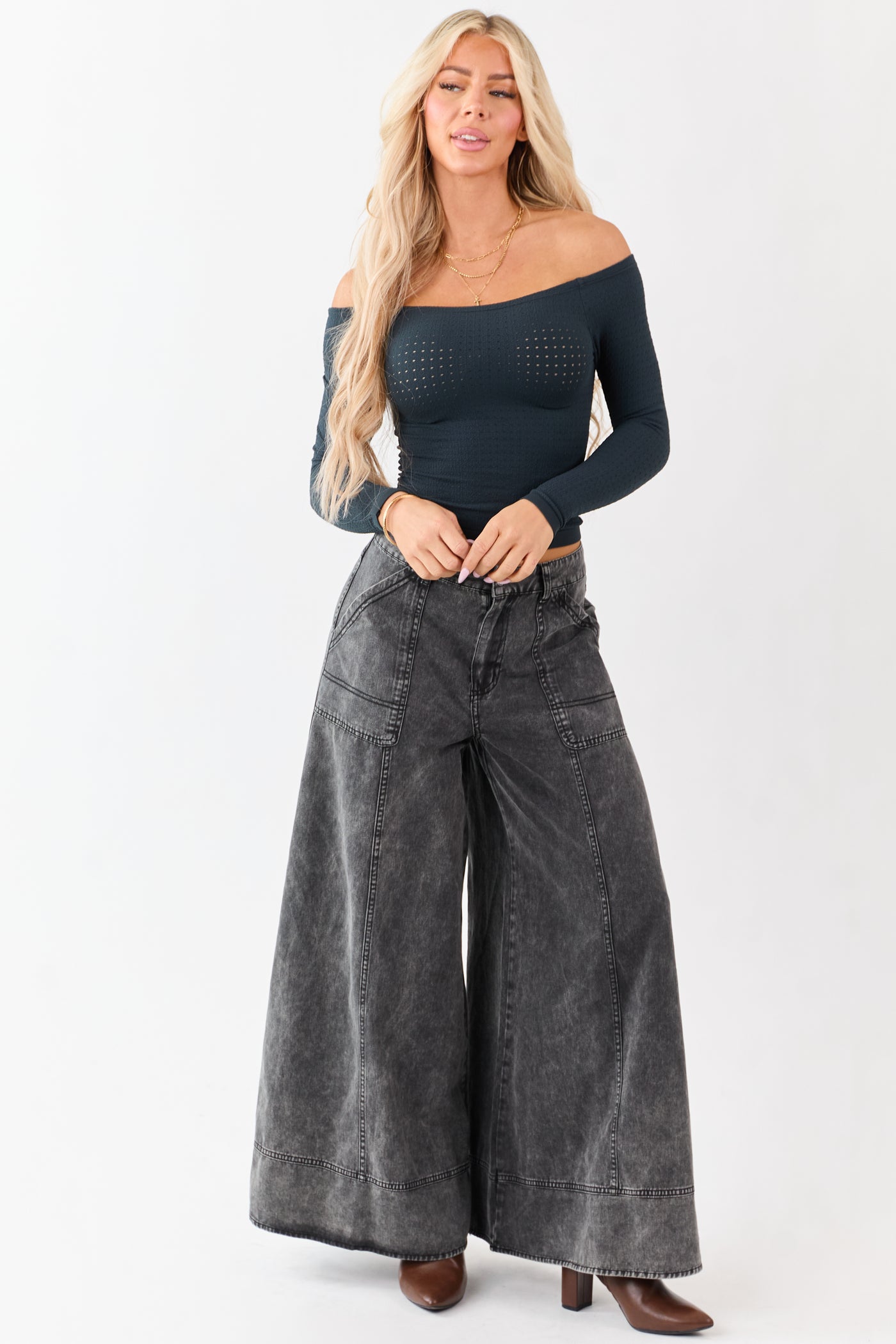 Forest Green Pointelle Off Shoulder Long Sleeve Top