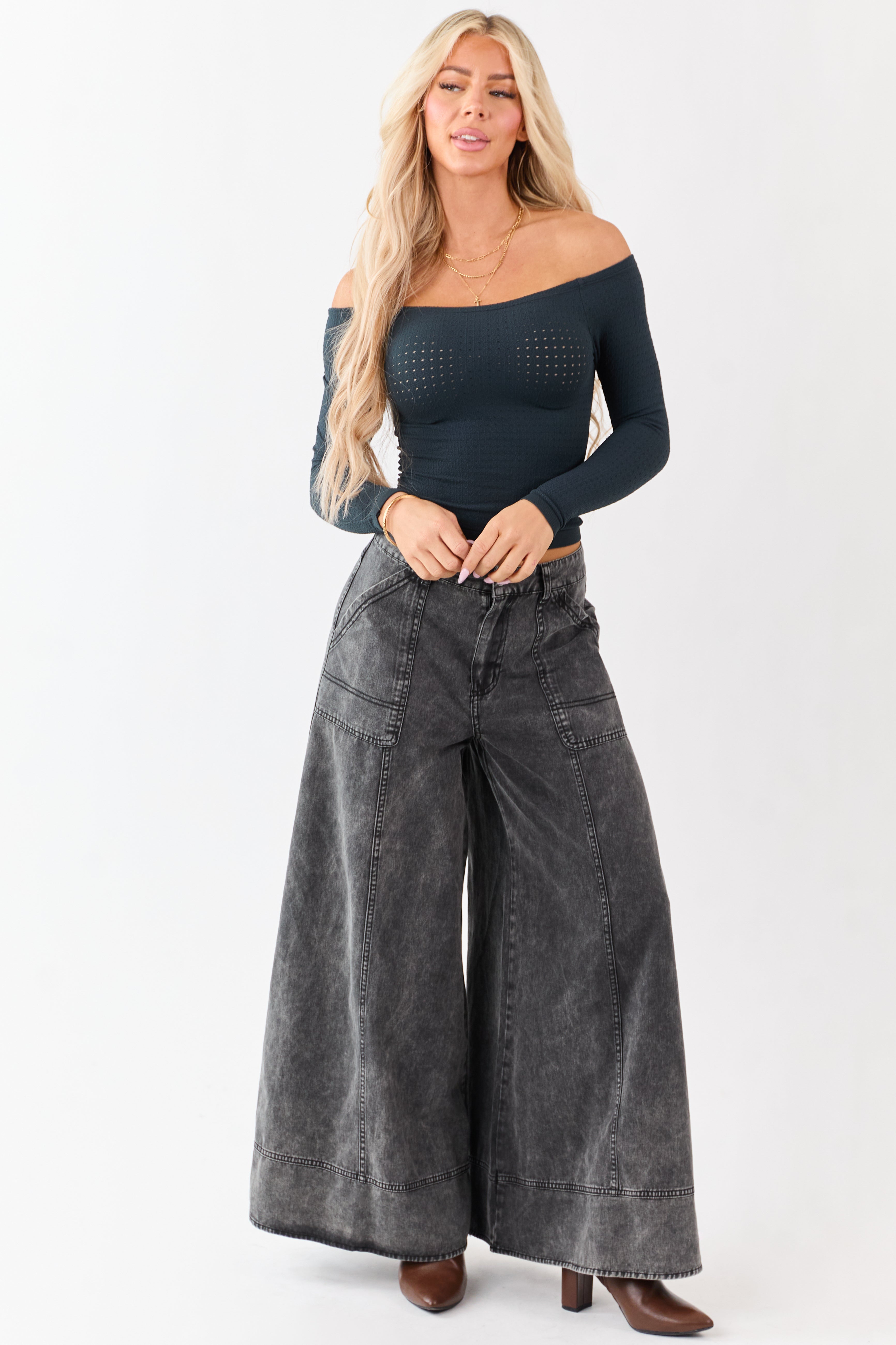 Forest Green Pointelle Off Shoulder Long Sleeve Top