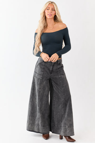 Forest Green Pointelle Off Shoulder Long Sleeve Top