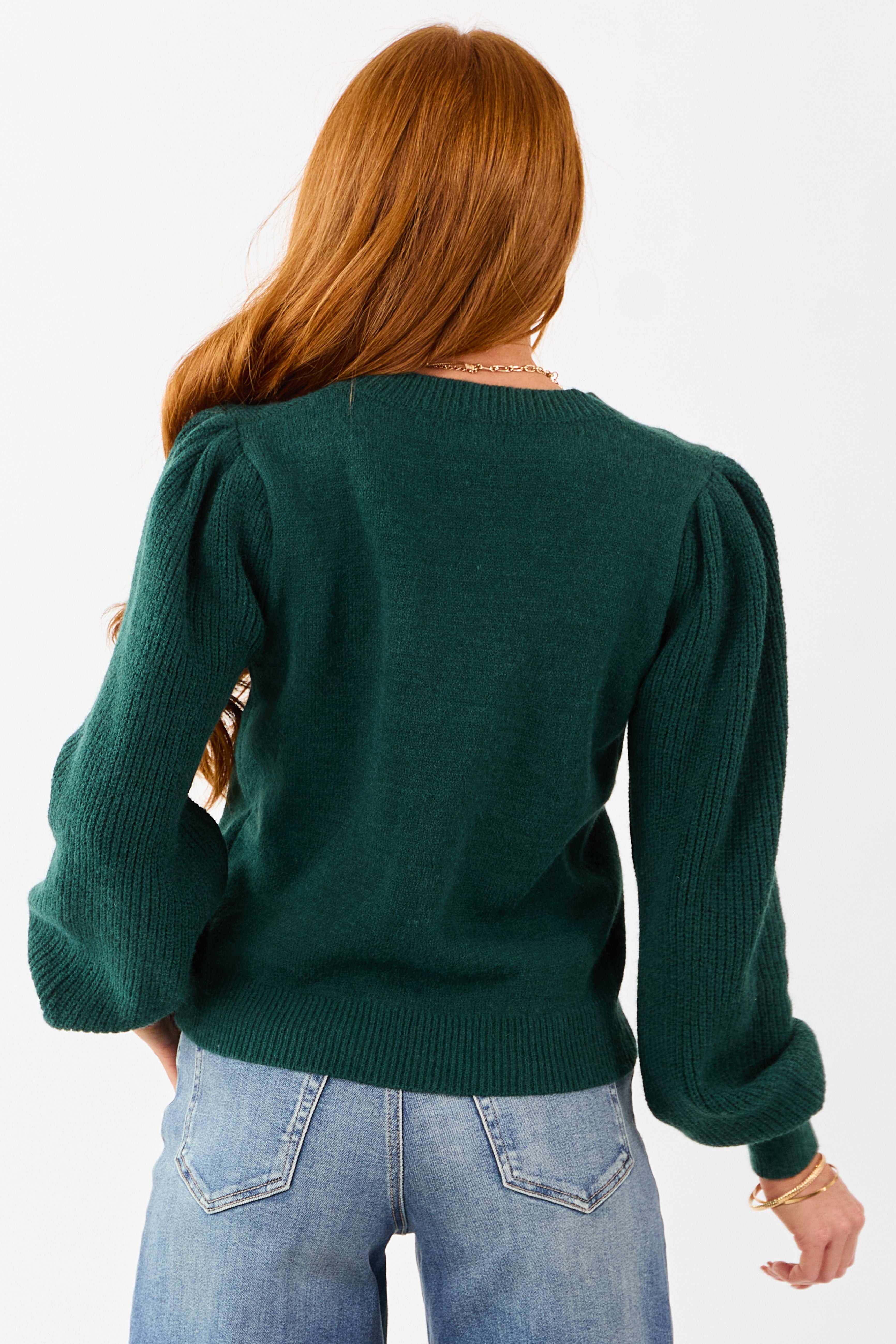 Forest Green Ribbed Knit Puff Long Sleeve Sweater