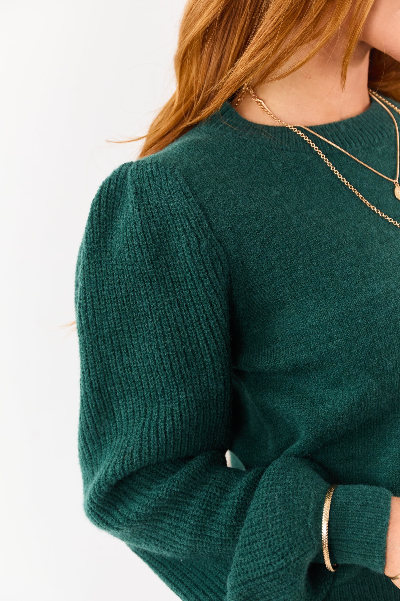 Forest Green Ribbed Knit Puff Long Sleeve Sweater