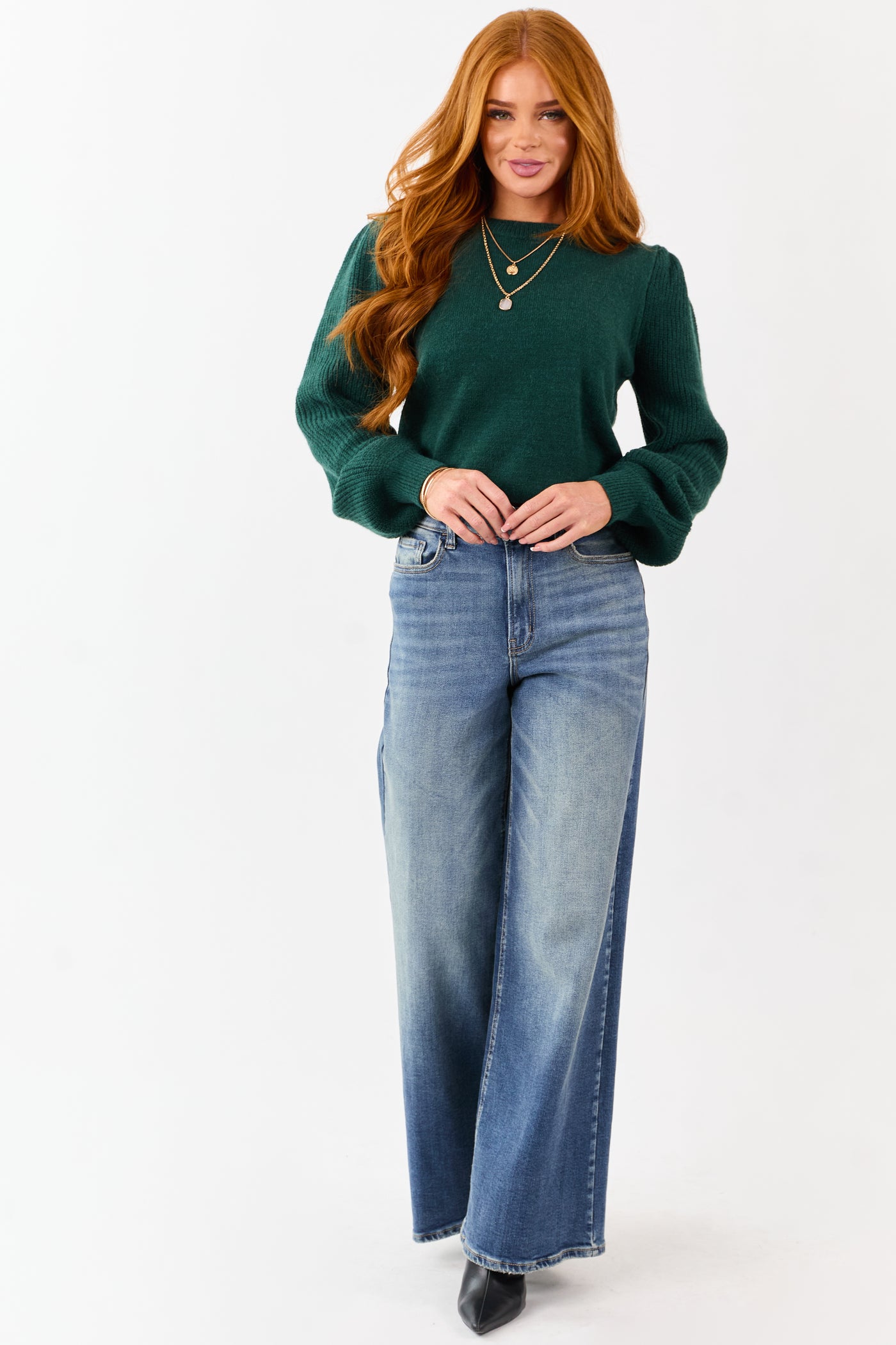 Forest Green Ribbed Knit Puff Long Sleeve Sweater