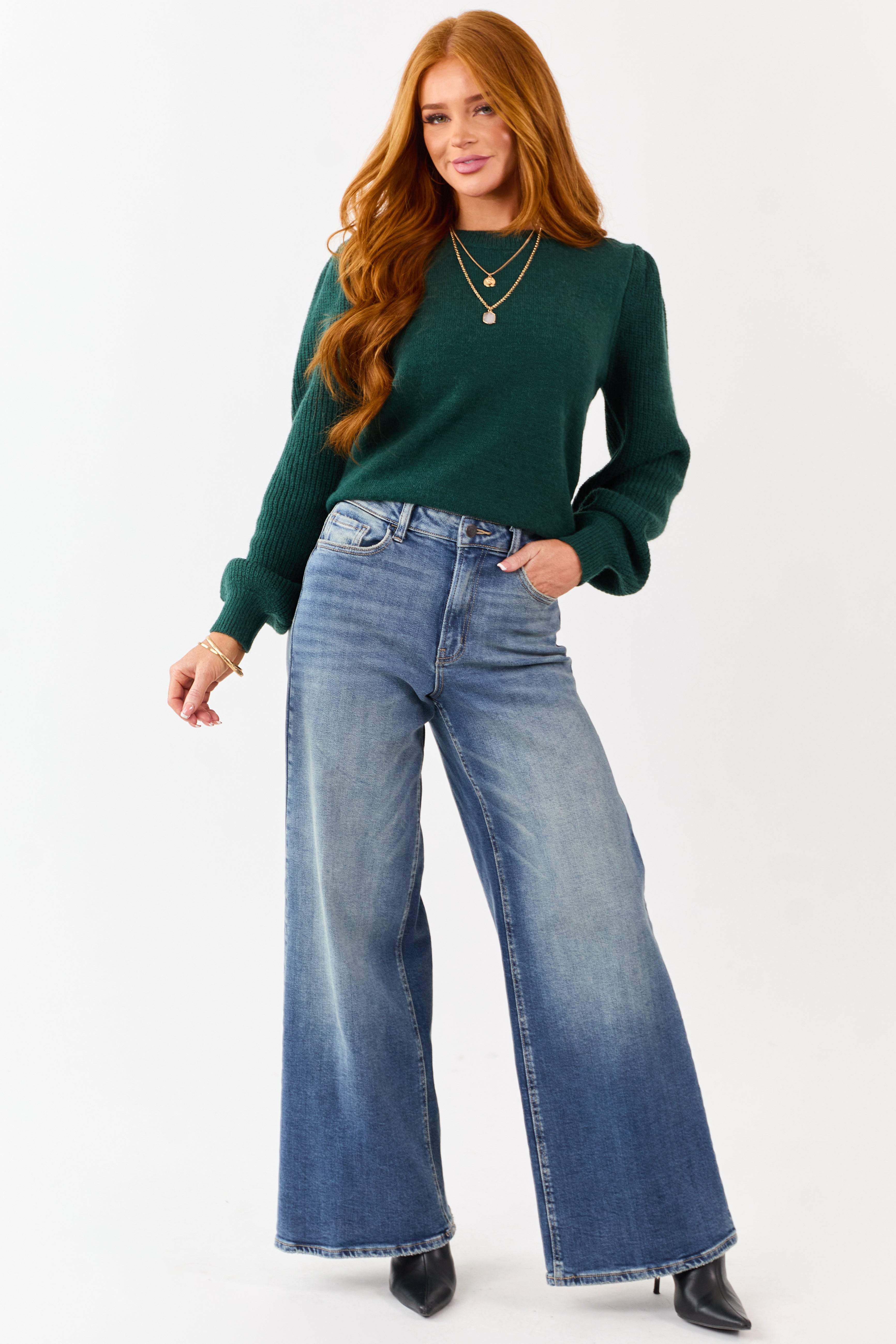 Forest Green Ribbed Knit Puff Long Sleeve Sweater