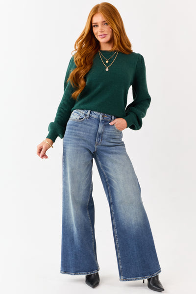 Forest Green Ribbed Knit Puff Long Sleeve Sweater