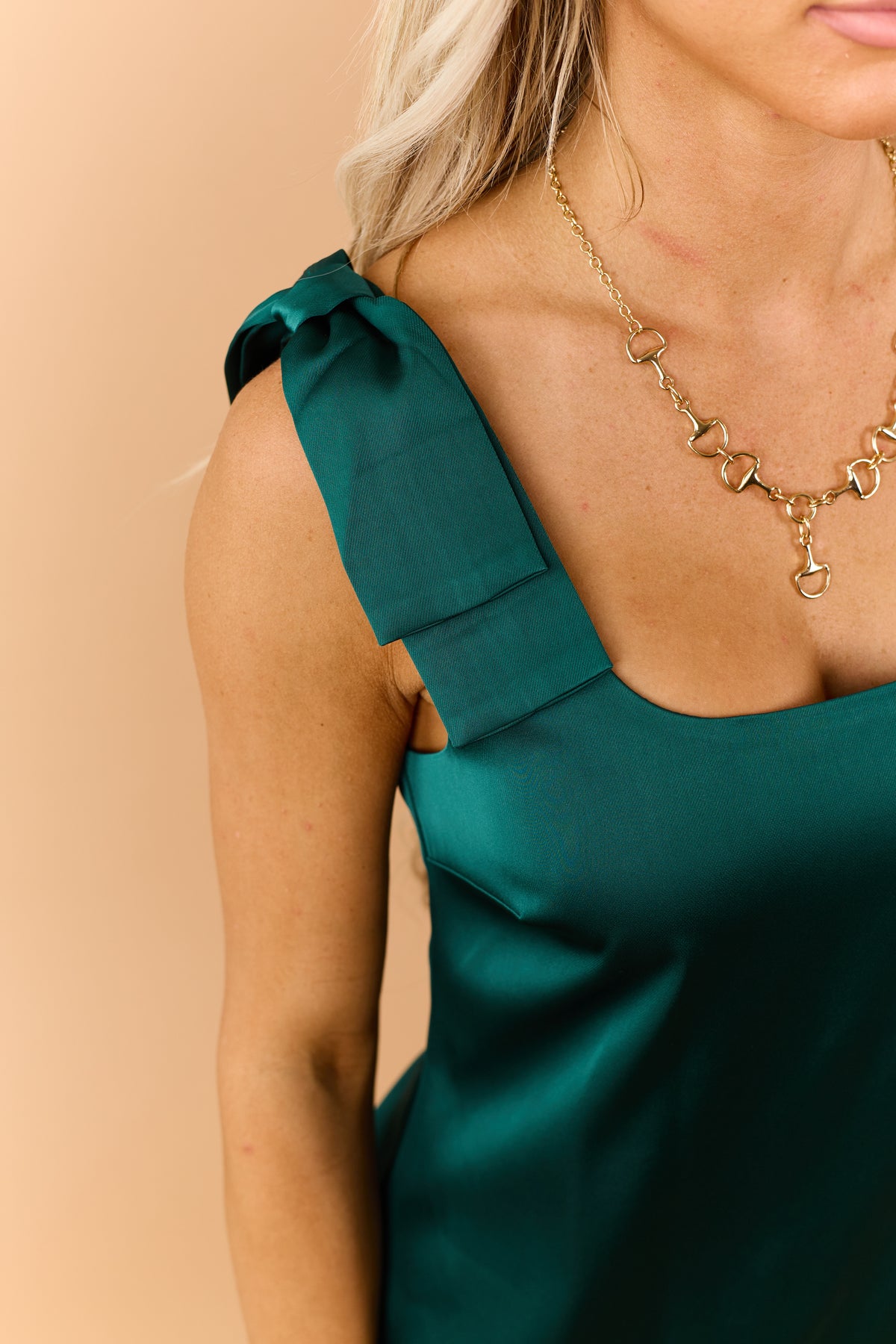 Forest Green Satin Bow Strap Column Maxi Dress