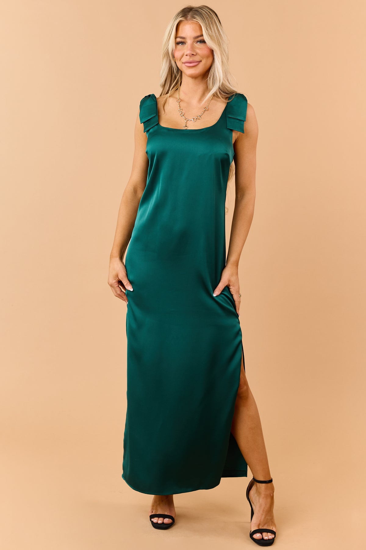 Forest Green Satin Bow Strap Column Maxi Dress