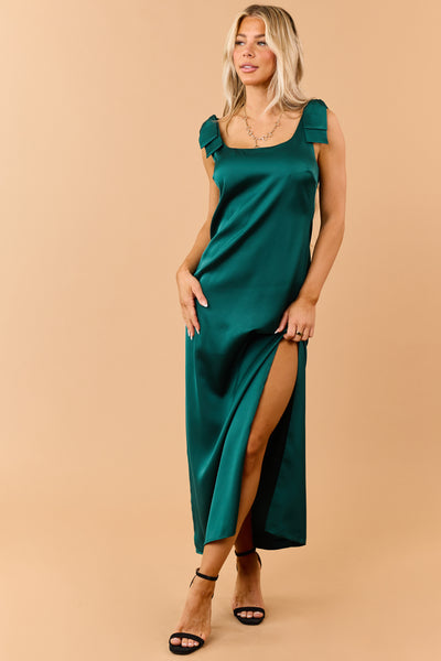 Forest Green Satin Bow Strap Column Maxi Dress