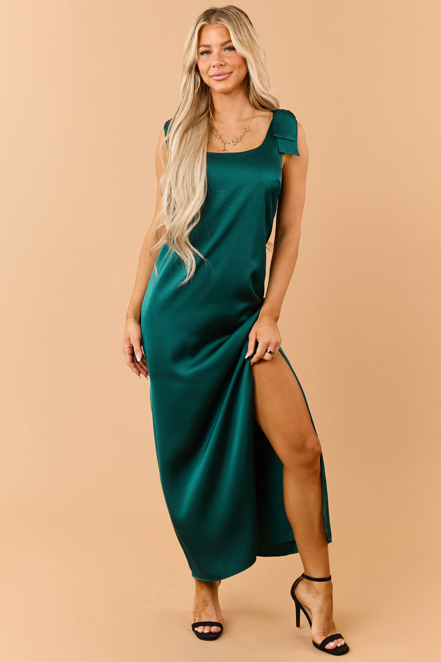 Forest Green Satin Bow Strap Column Maxi Dress