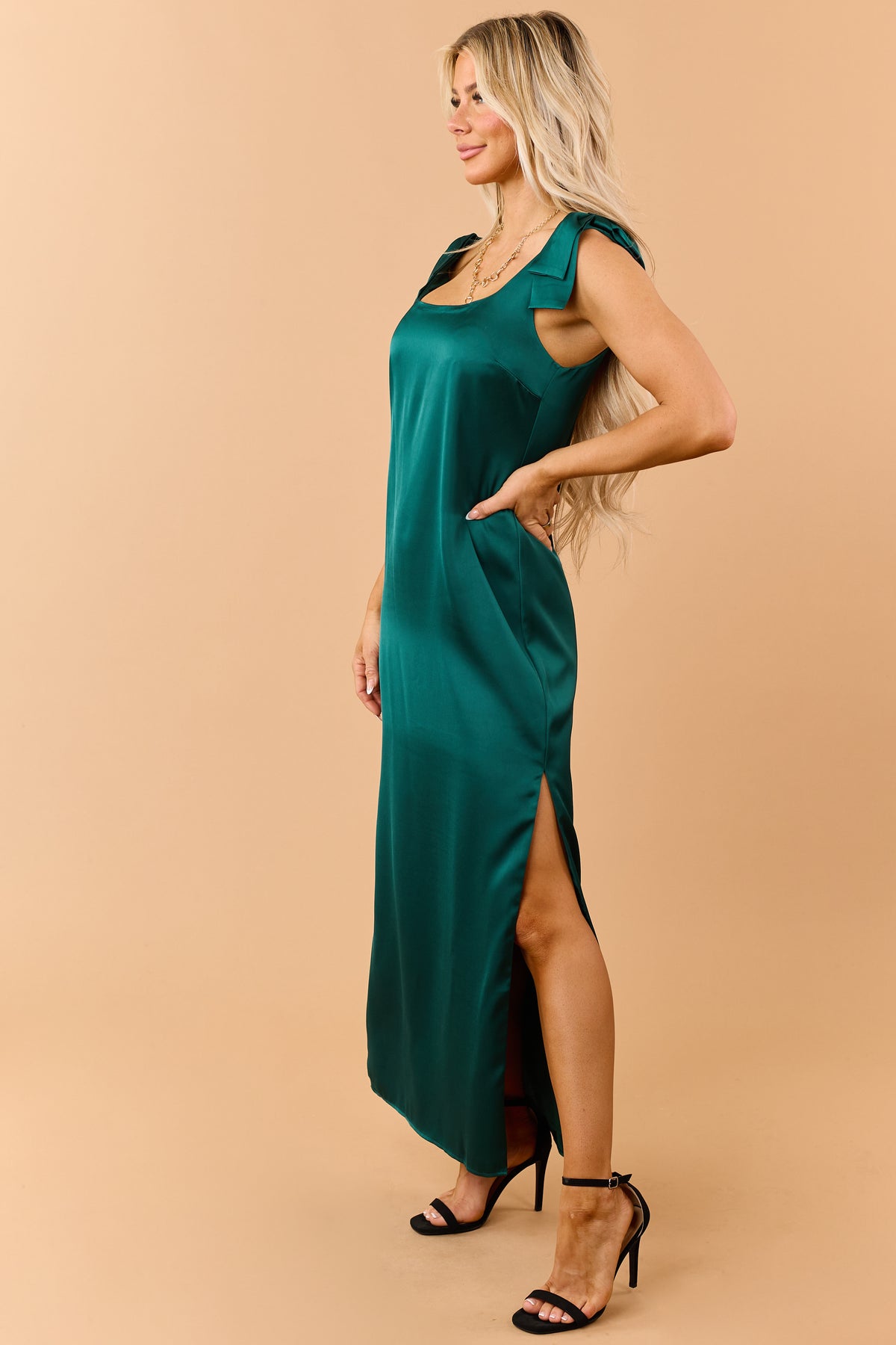 Forest Green Satin Bow Strap Column Maxi Dress