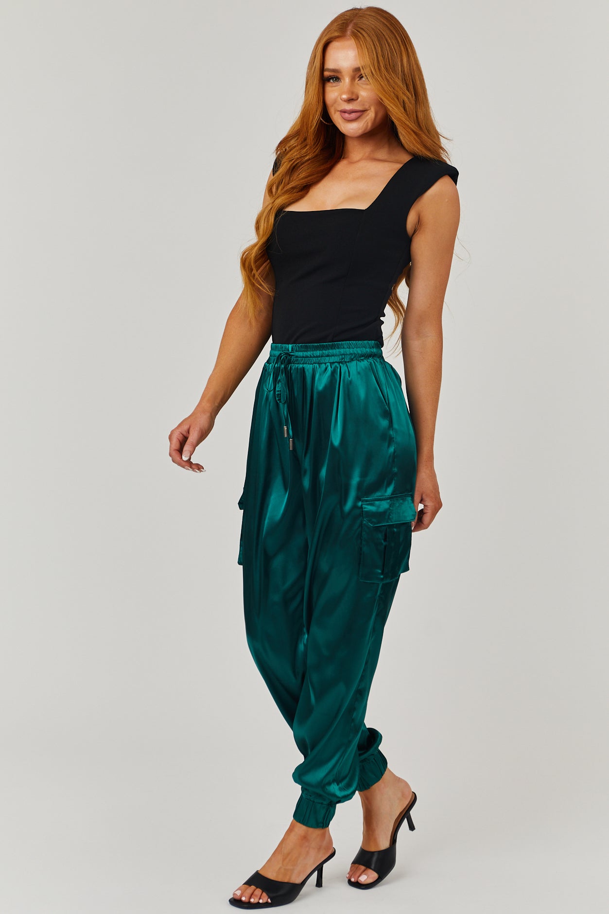 Forest Green Satin Cargo Pocket Smocked Jogger Pants Lime Lush